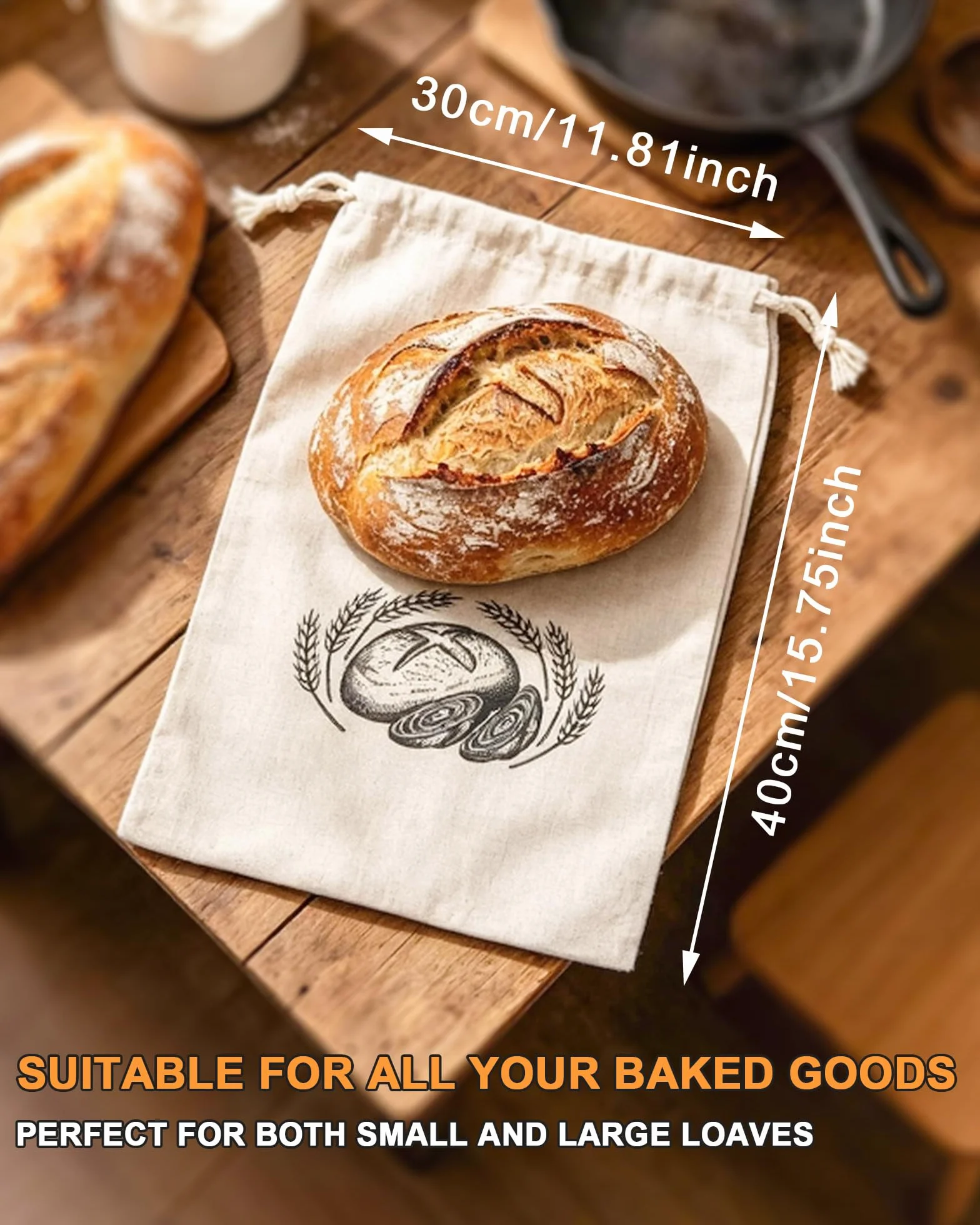 Sacs à Pain en Lin 30 x 40 cm avec Cordon de Serrage, Réutilisables pour Pain, Baguette, Fruits, Légumes