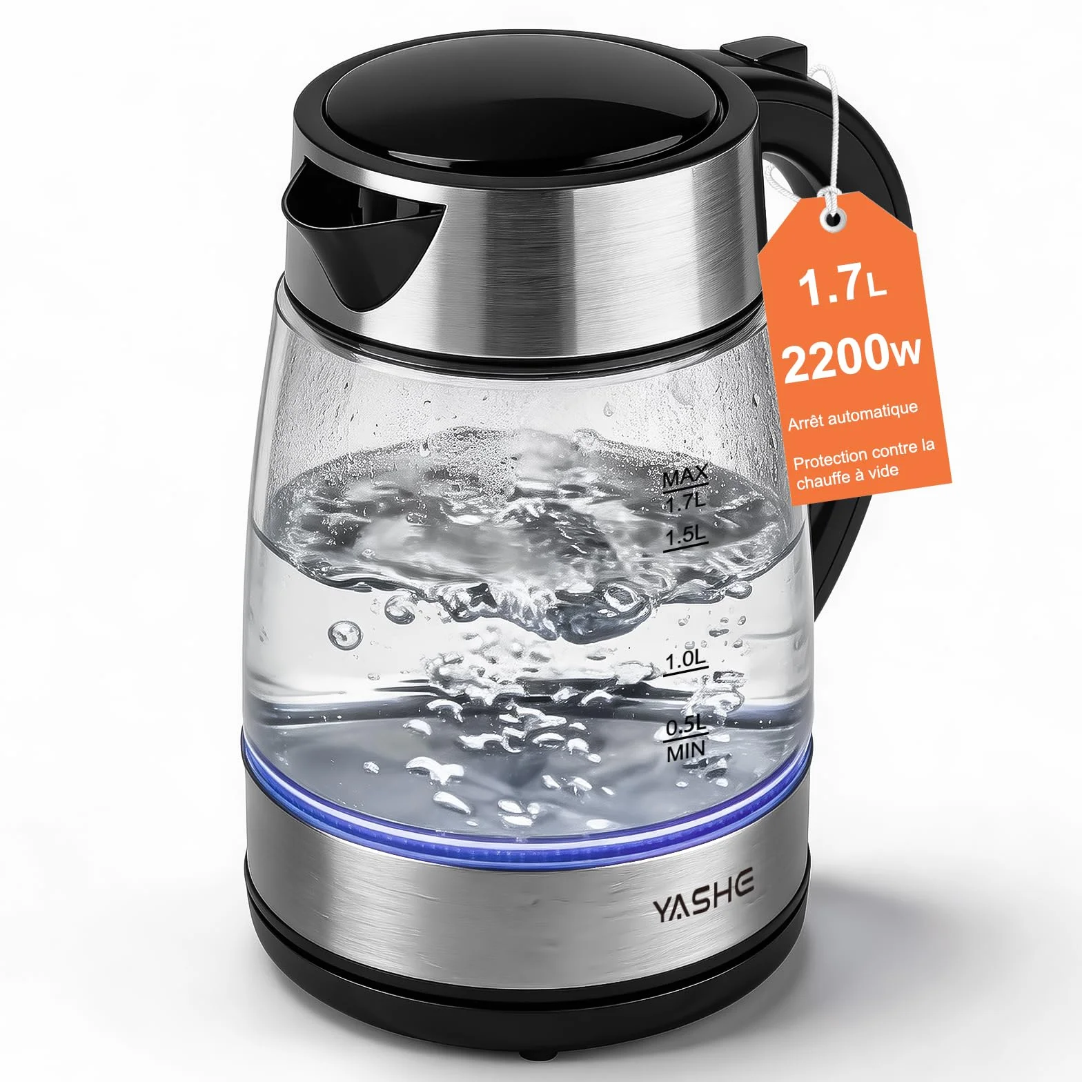 Bouilloire Électrique en Verre 1,7L 2200W avec LED Bleue et Filtre Anticalcaire