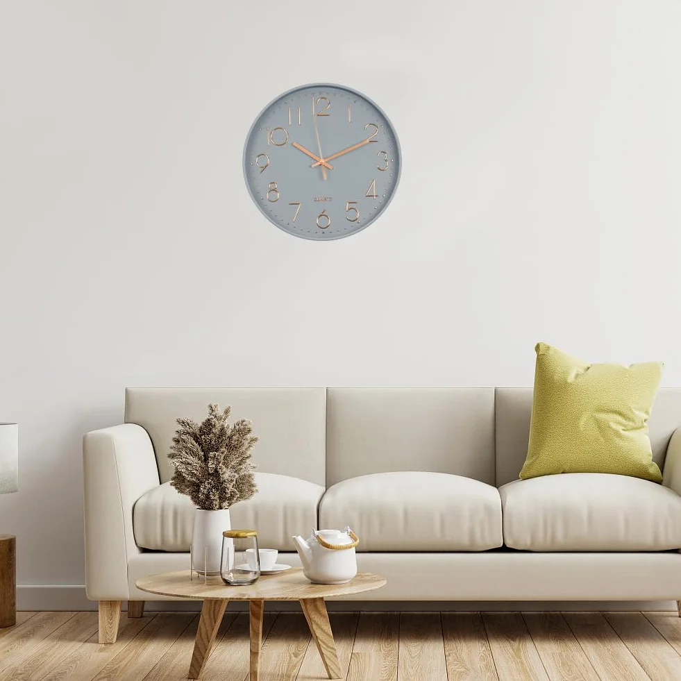 Aolso 30CM Horloge Murale Design Moderne Silencieuse, Mouvement à Quartz, 12 Pouces Ronde, Salon Bureau Chambre (Cadre Gris Fond Gris)