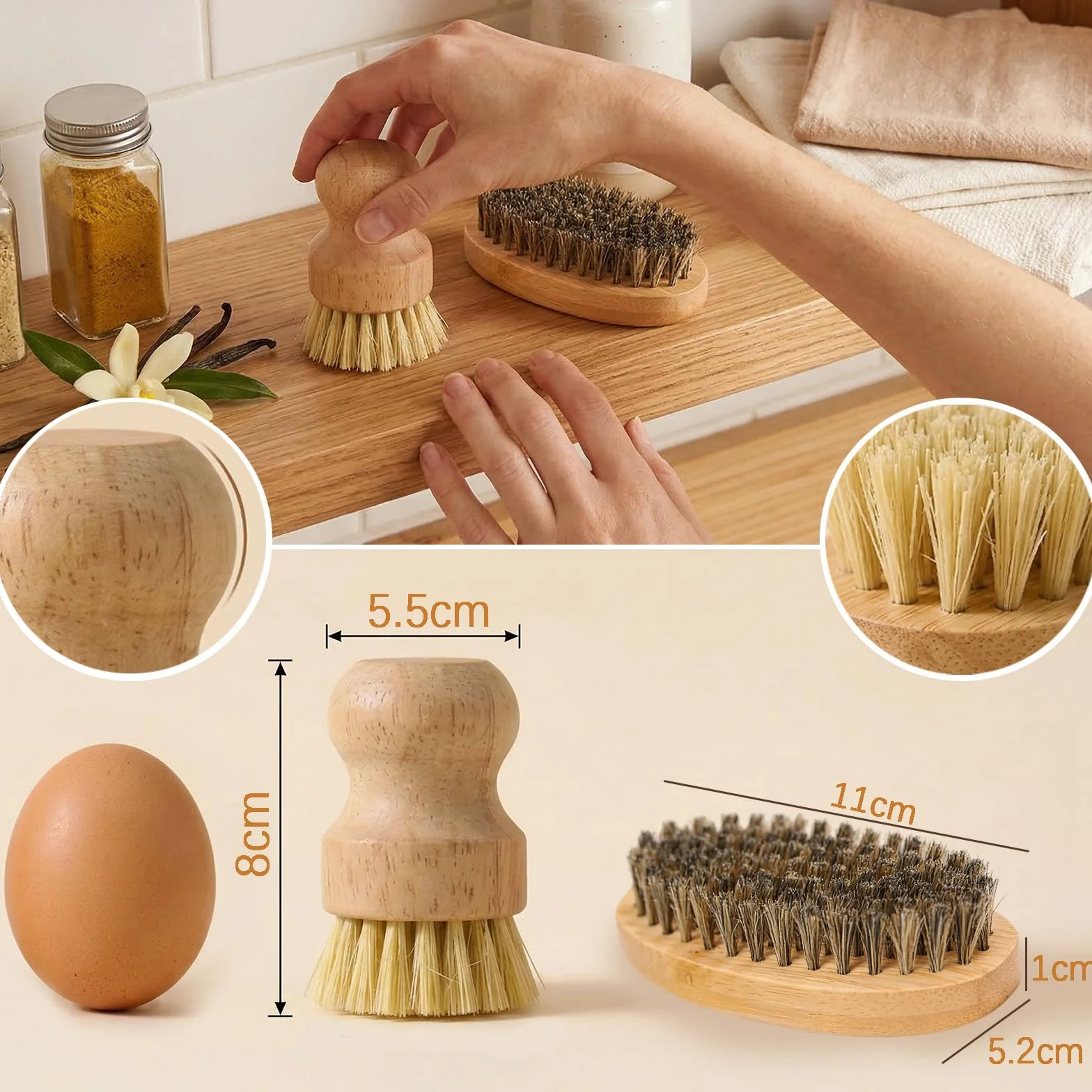 Lot de 2 brosses à légumes en Bois Ergonomique pour Nettoyer Légumes