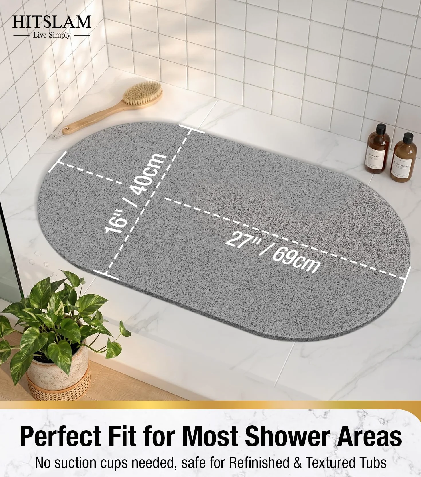 HITSLAM Tapis de Douche Ovale Antidérapant Anti-Moisissure 69x40cm Gris