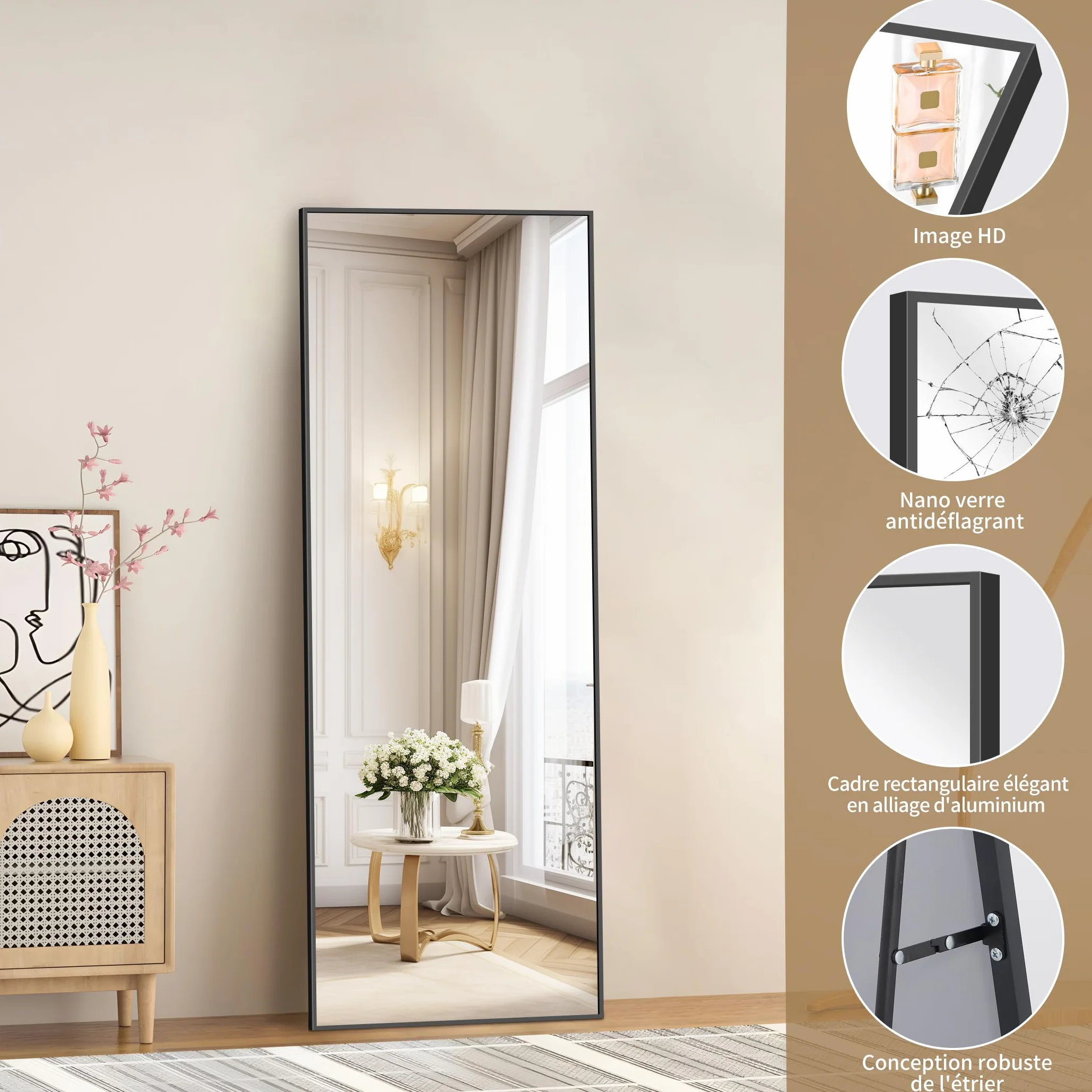 Miroir Intégral 44 x 147 cm Rectangulaire Grand Miroir Mural Cadre Noir