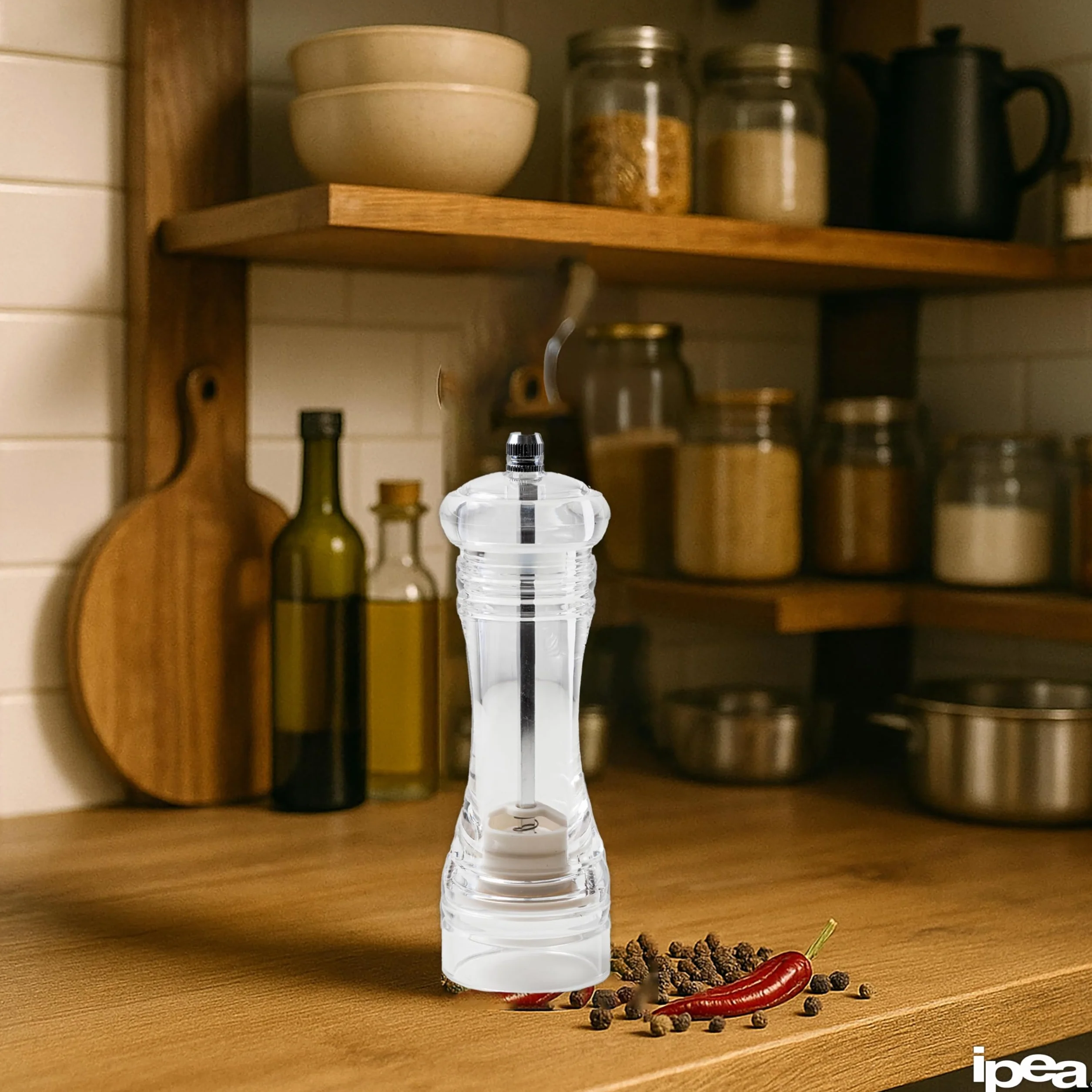 Moulin à Poivre Manuel en Bois Transparent IPEA avec Broyeur en Métal pour Épices, Sel et Piment