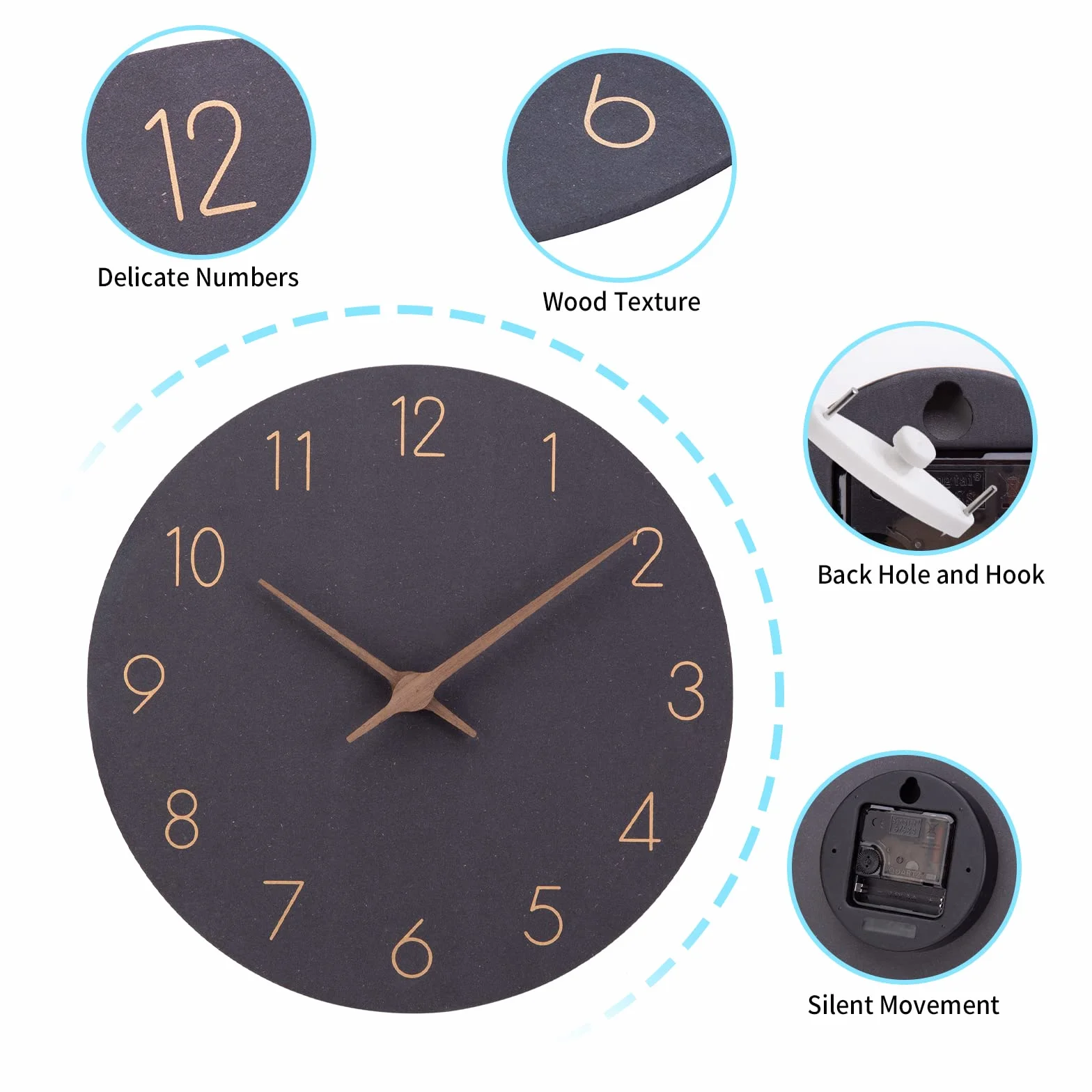 ACCSHINE Horloge Murale en Bois MDF Silencieux 30 cm Quartz Moderne Noir