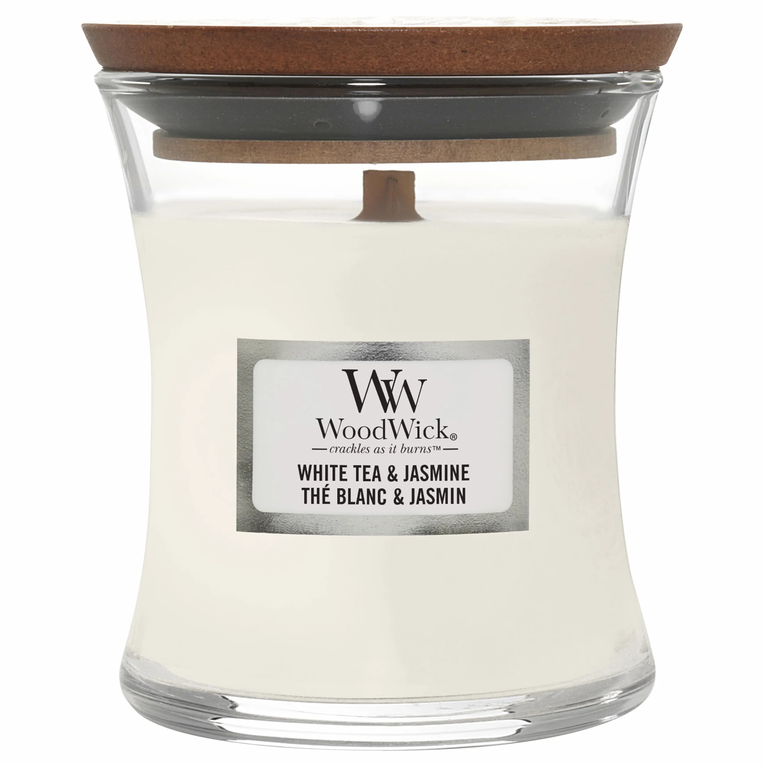 WoodWick bougie parfumée moyenne mèche bois crépitante Thé blanc jasmin 20h combustion