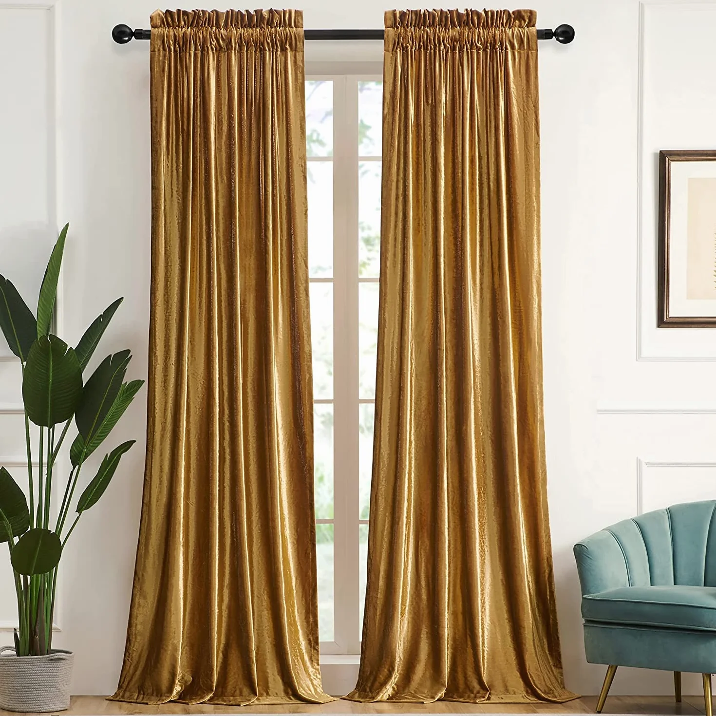 Rideaux occultants velours isolation thermique 2 panneaux 228 x 228 cm doré