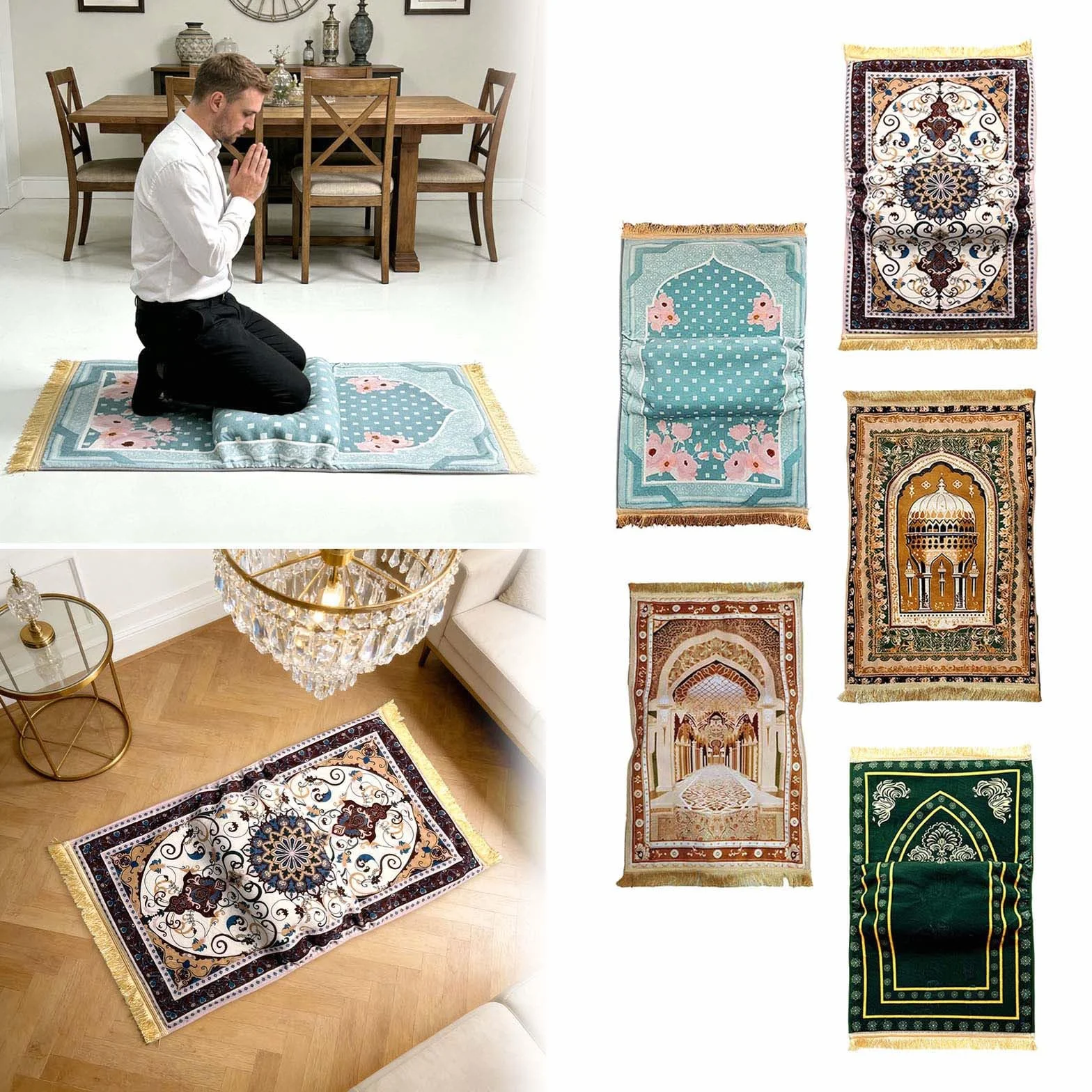 Tapis de prière Janamaz avec coussin pour genoux, pliable, antidérapant, gris