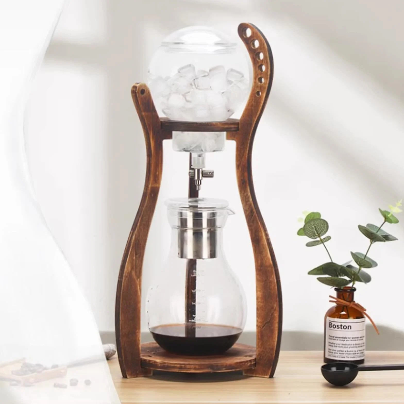 Cold Brew Coffee Maker, Iced Drip Coffee Machine with Adjustable Dripper, Wood Frame, Stainless Steel Filter, 6-8 Cups