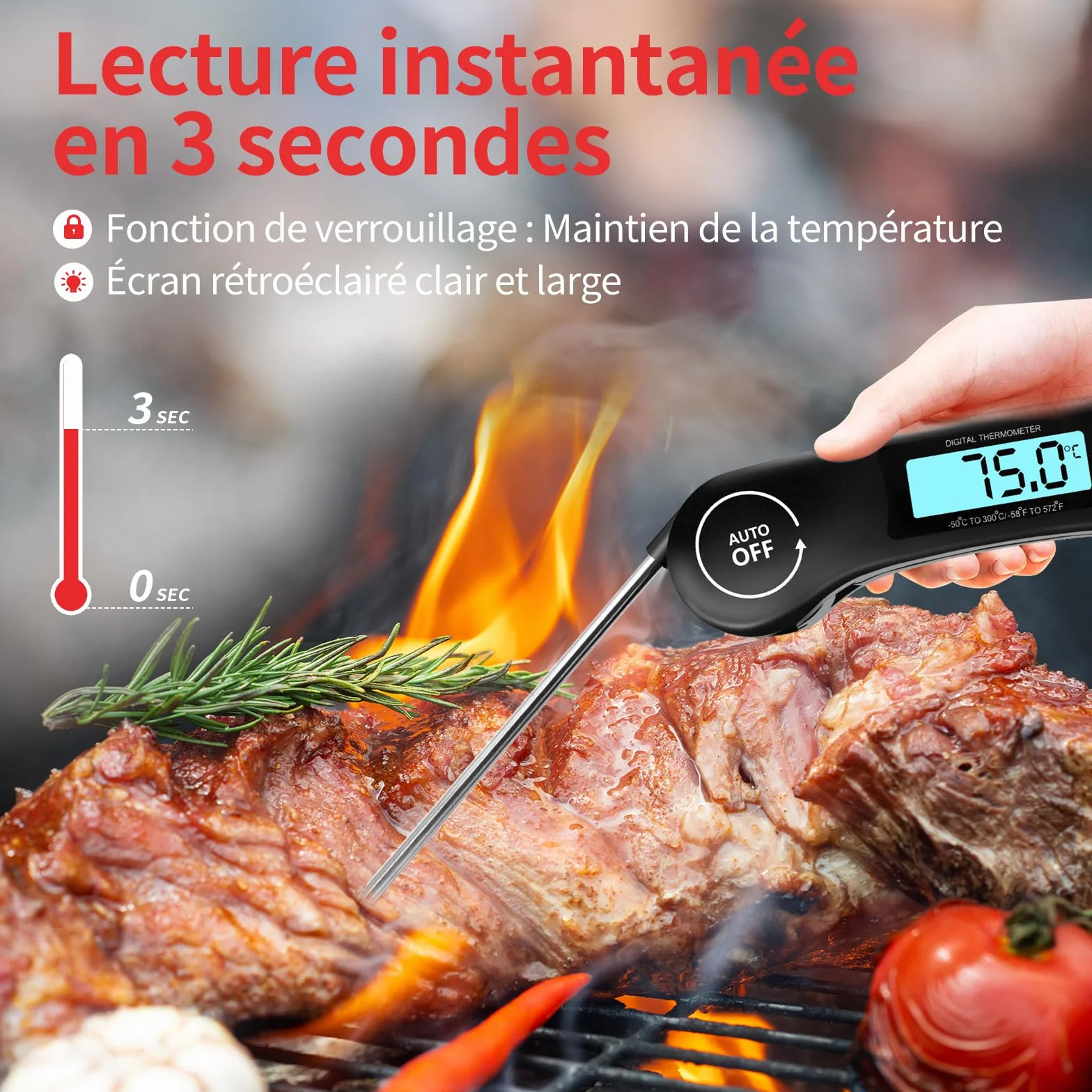 DOQAUS Thermometre Cuisine 3s Lecture instantané Thermomètre viande Écran LCD Auto On/Off Sonde Pliable Cuisson BBQ