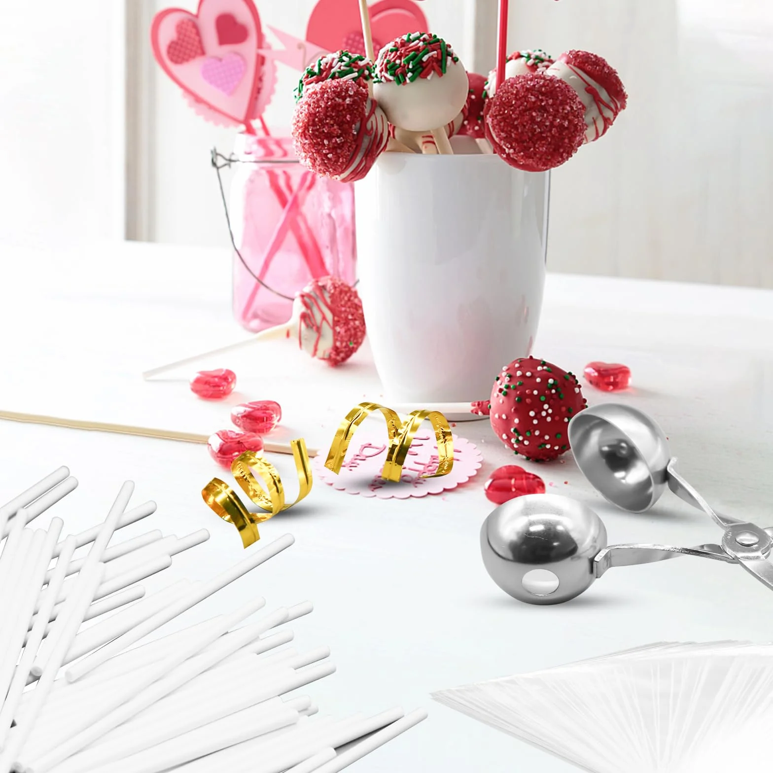 Cake Pop Treat Bag bâtonnets et emballages Cake Pop, 100 bâtonnets sucettes papier, sacs Cake Pop, attaches dorées, cuillère à Cake Pop fabrication bonbons