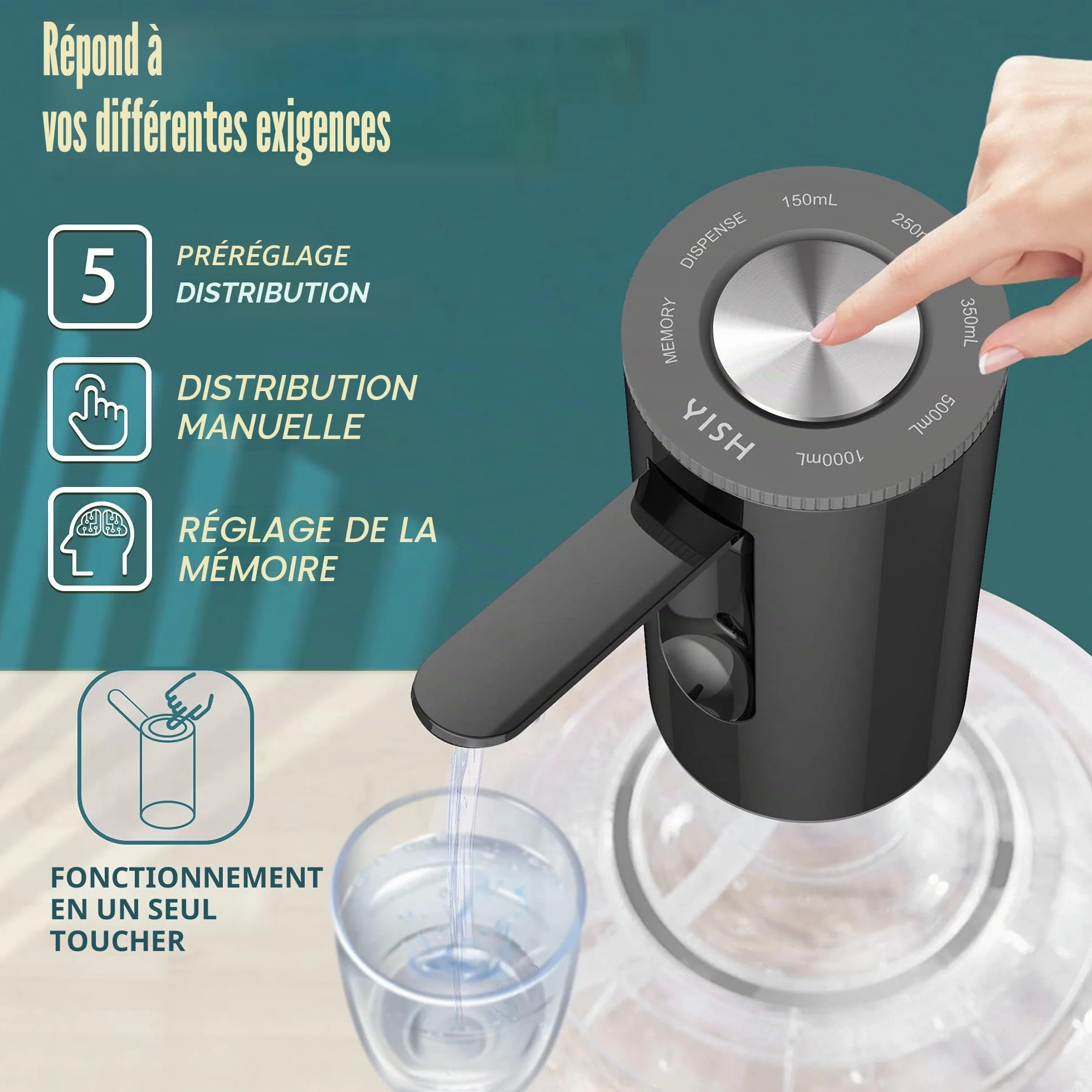 YISH Distributeur d'eau Automatique Pompe à Eau Froide Rechargeable USB 5 Gallons