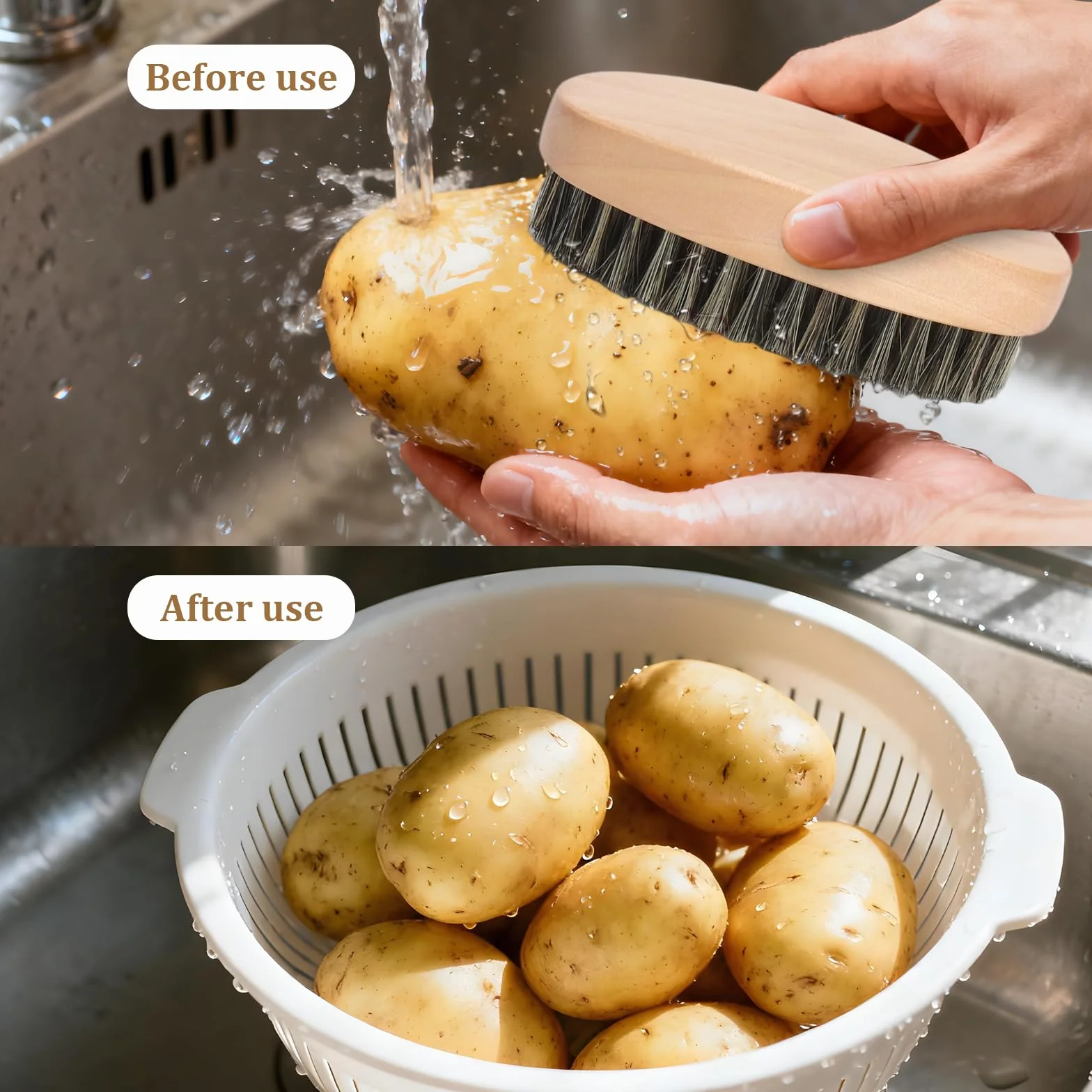 Lot de 2 Brosses de Cuisine en Bois Naturel, Brosse à Légumes et Brosse à Casseroles Antimoisissure