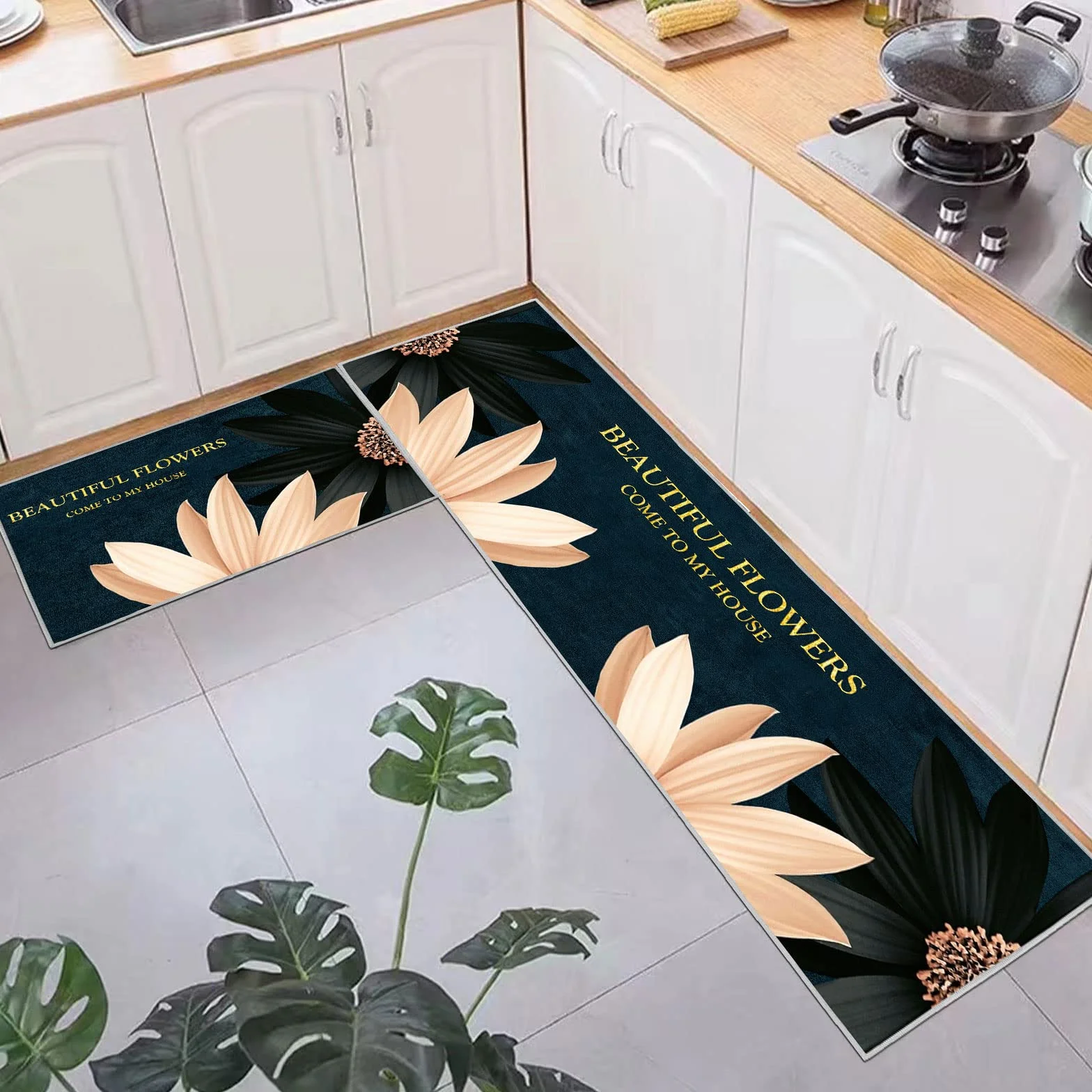 Lot de 2 Tapis de Sol Anti-Fatigue Imperméables Antidérapants Confortables Floral A 40x60+40x120cm