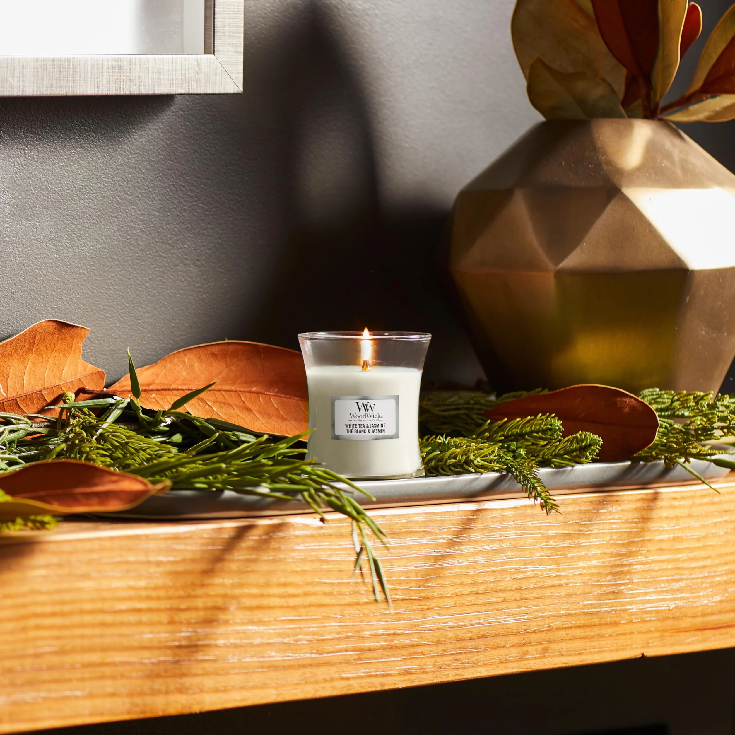 WoodWick bougie parfumée moyenne mèche bois crépitante Thé blanc jasmin 20h combustion
