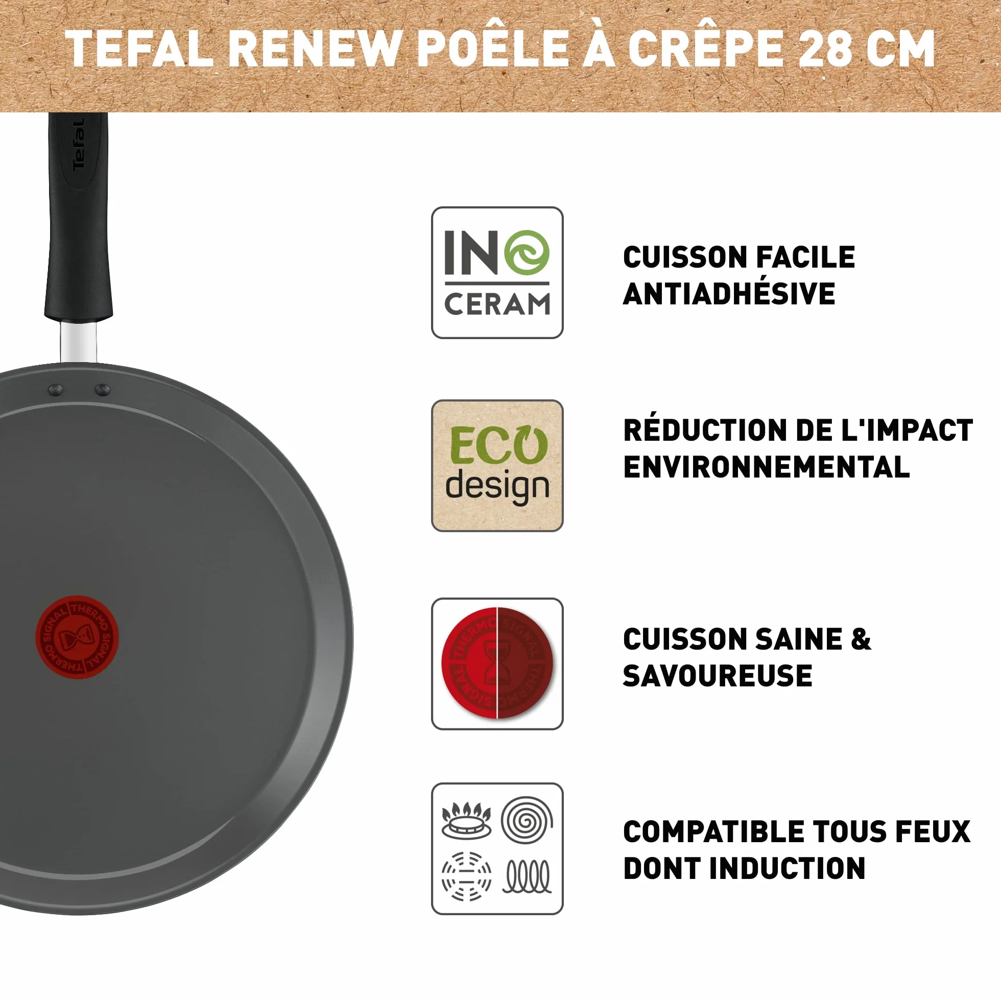 Tefal Poêle à crêpe 28 cm, Induction, Revêtement céramique, Thermo-Signal, Fabriqué en France