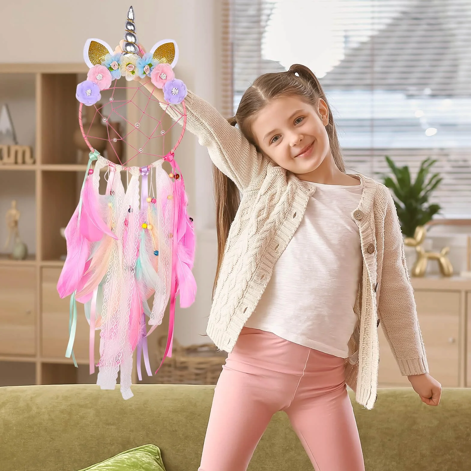 Grand attrape-rêves licorne pour filles - Décoration murale fleurs colorées fait main