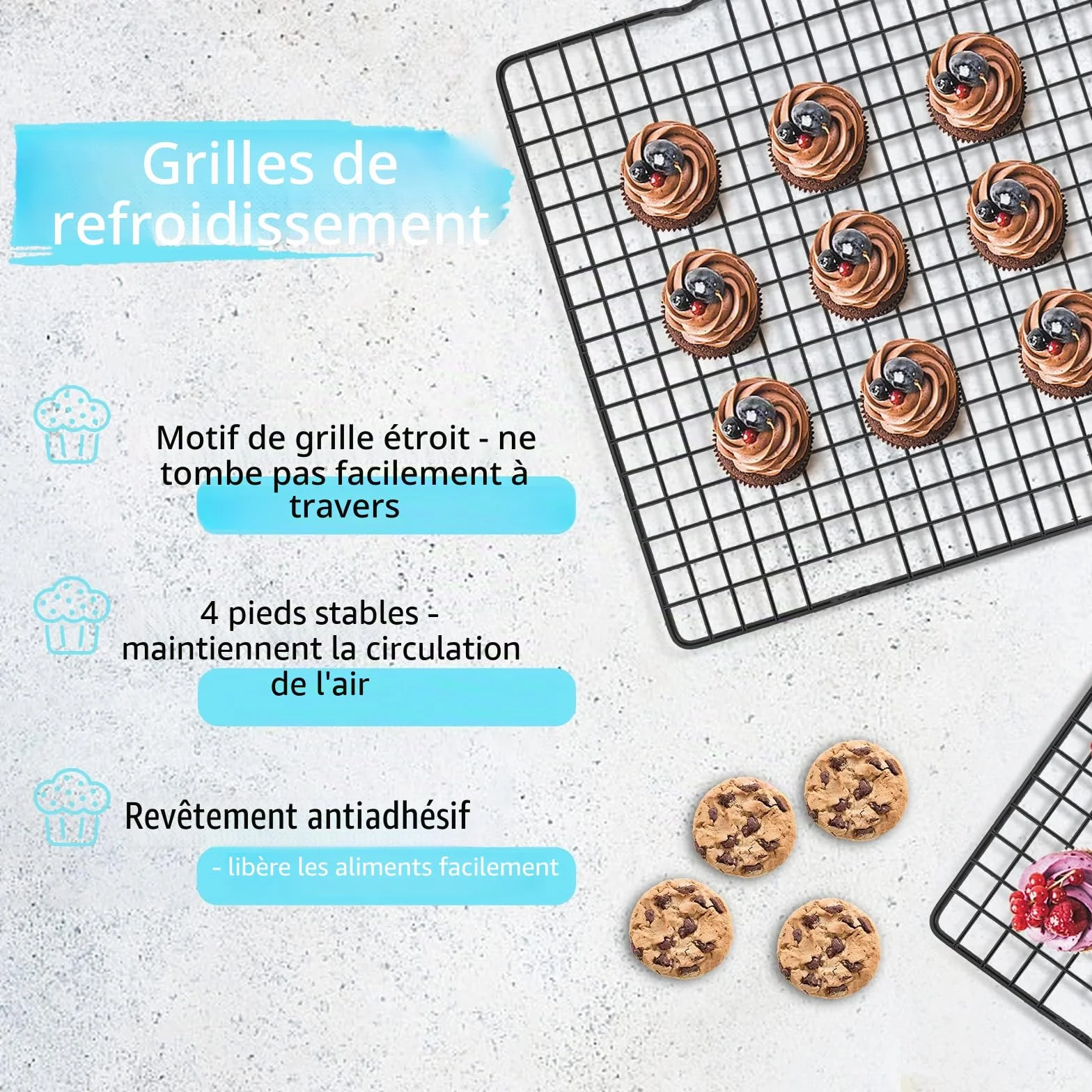 Tebery Lot de 4 grilles de refroidissement en acier au carbone pour cuisson gâteau pizza viande