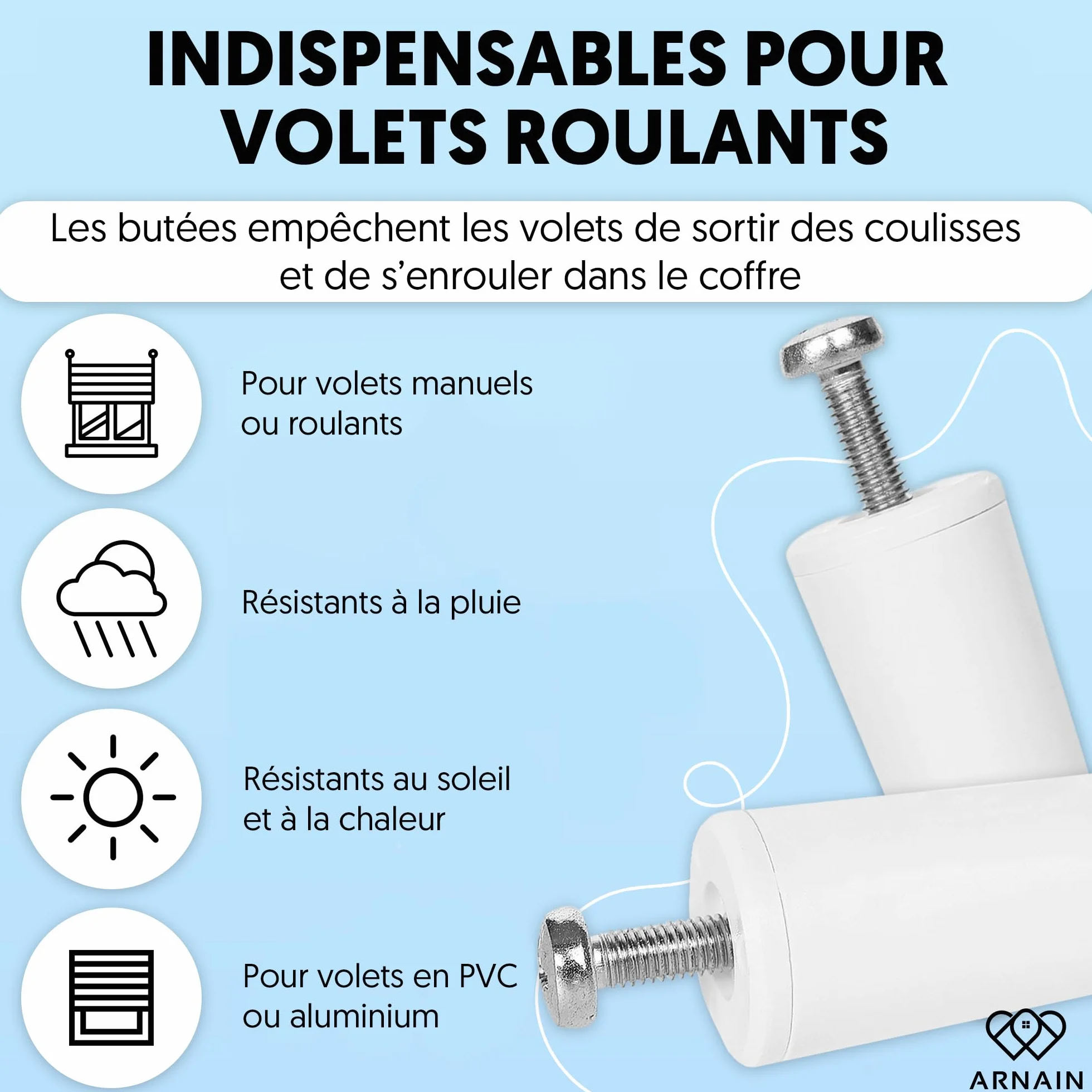 Butées volets roulants blanches 40 mm PVC - Arrêt de volet avec kit de montage