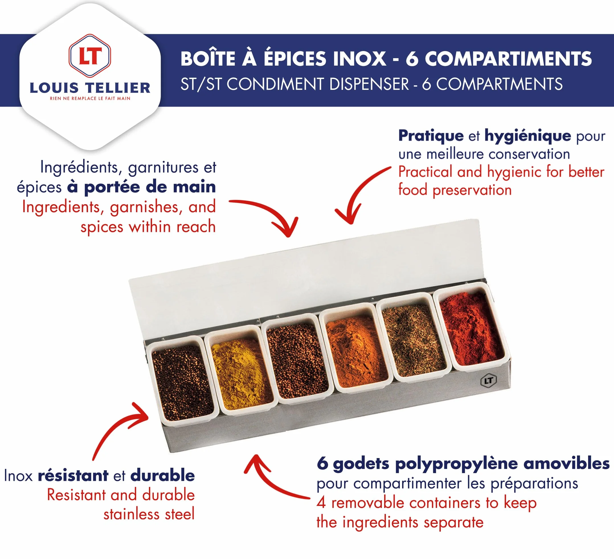 LOUIS TELLIER Boîte à épices 6 compartiments INOX Présentoir Distributeur pratique pour épices ingrédients garnitures Qualité professionnelle