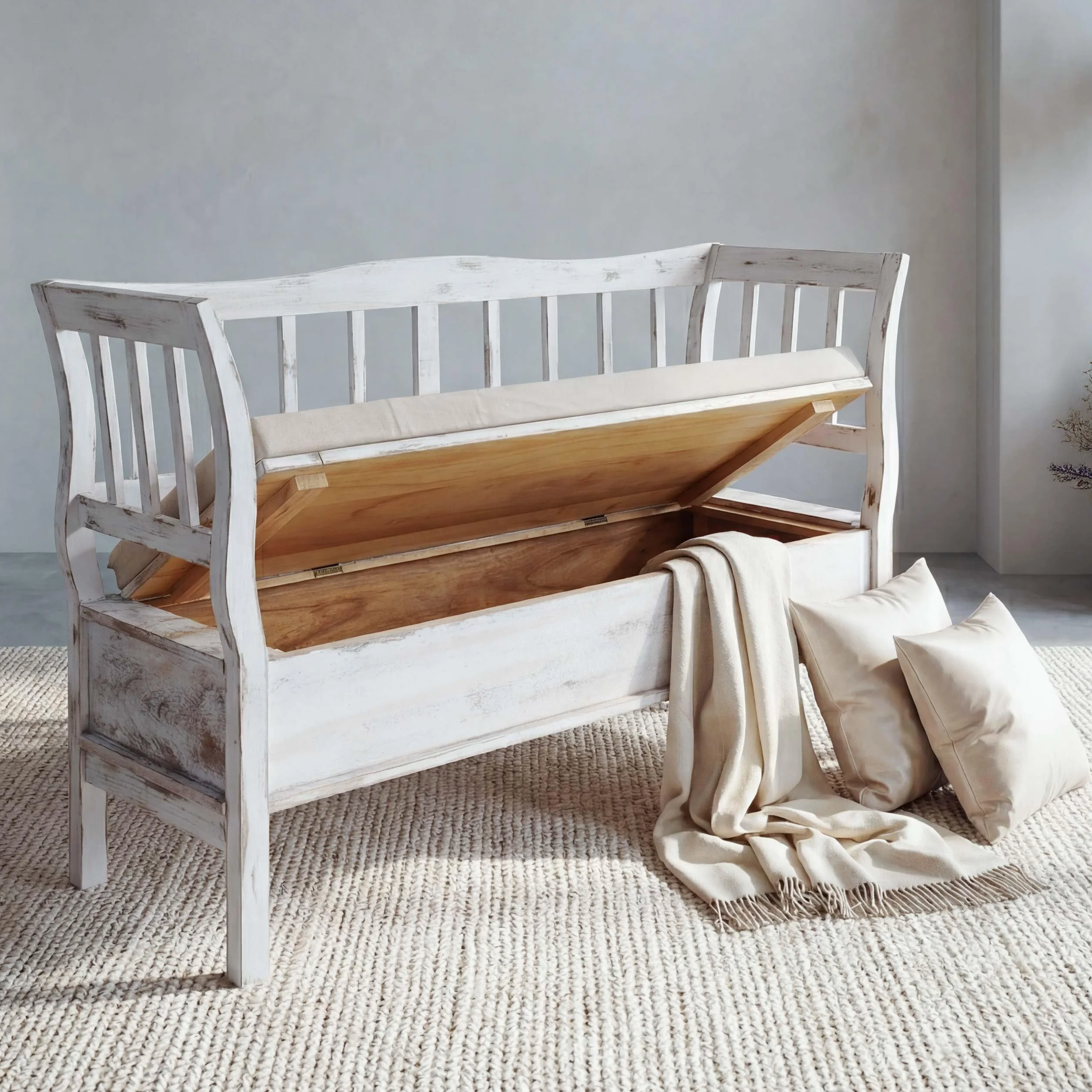 Mendler Banc Banquette de Rangement T207 Coffre avec Coussin Bois Blanc Shabby Chic