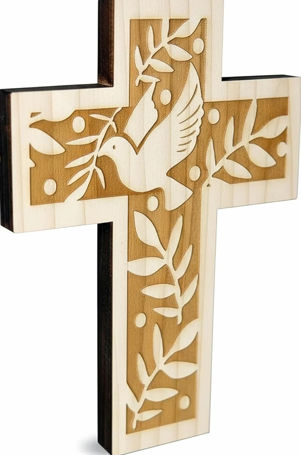 Croix murale en bois d'épicéa 18 cm avec colombe et rameaux d'olivier Kaltner