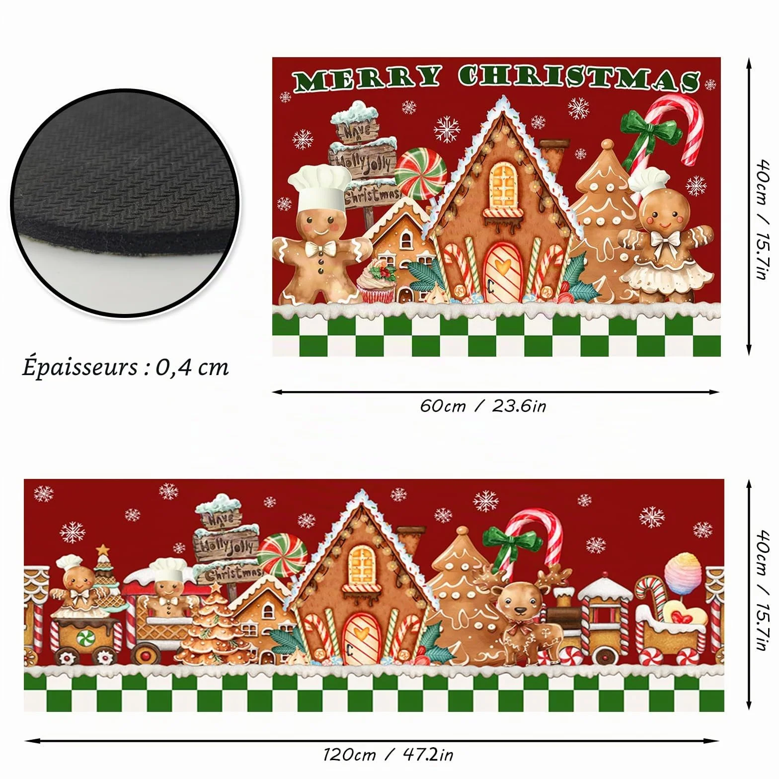 AIBIIN Tapis de cuisine Noël antidérapant caoutchouc bonhomme pain d'épices 40x60 40x120 cm 2 pièces