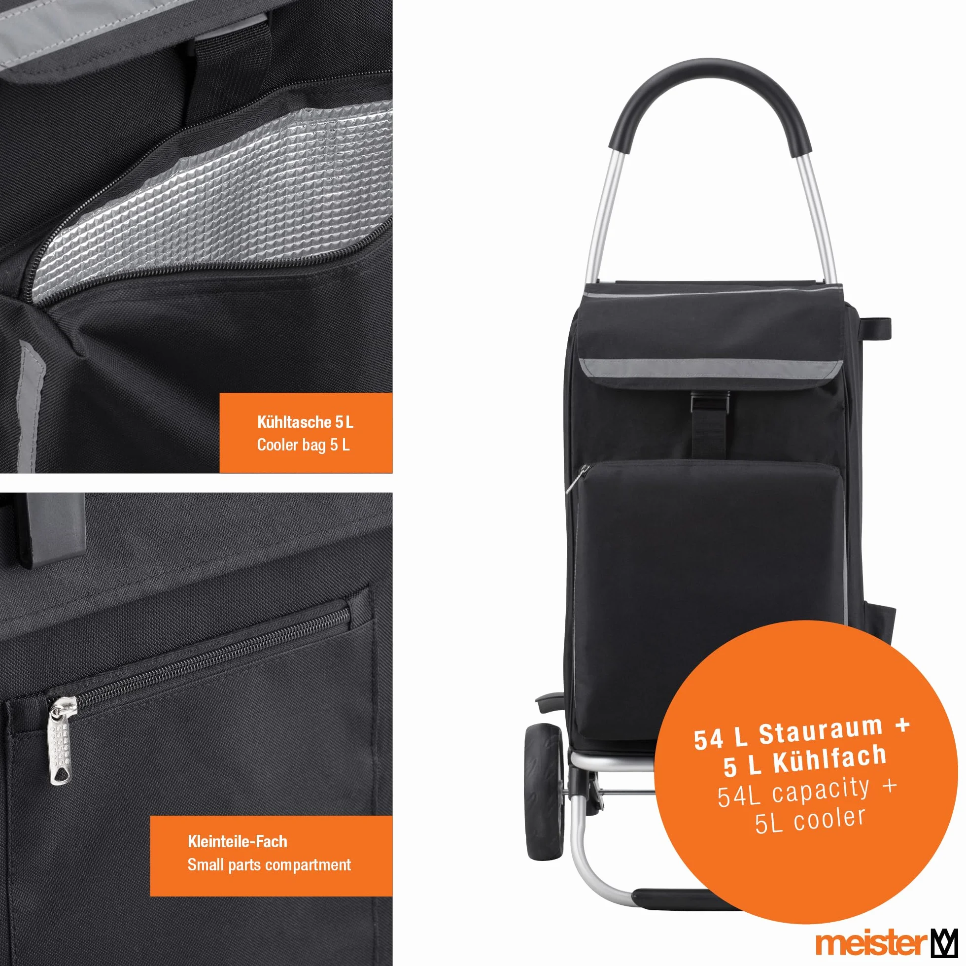 Chariot de Courses Meister 56 Litres Roues Larges Compartiment Réfrigérant Sac Amovible Pliable