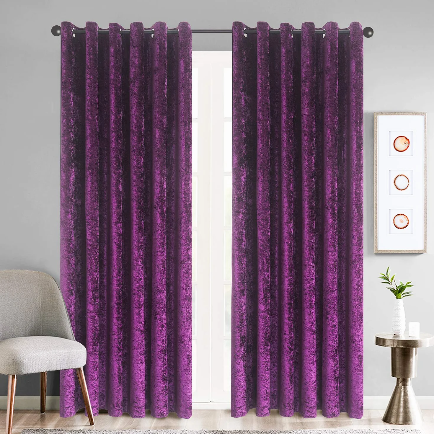 Paire de rideaux en velours écrasé doublés avec anneaux métal 4 cm violet