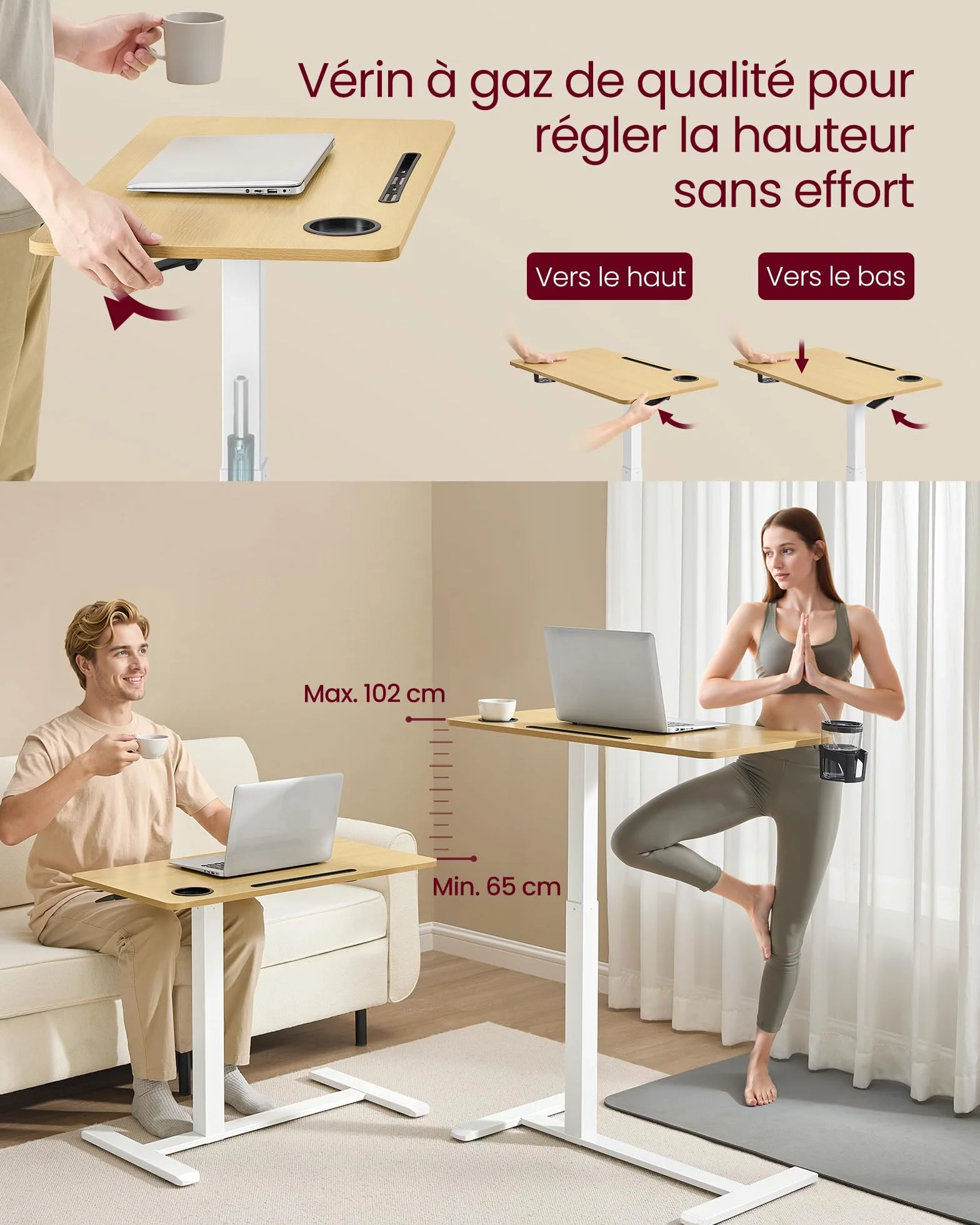 VASAGLE Bureau Assis-Debout sur roulettes, Table Réglable en Hauteur 80x45 cm, Doré Chêne