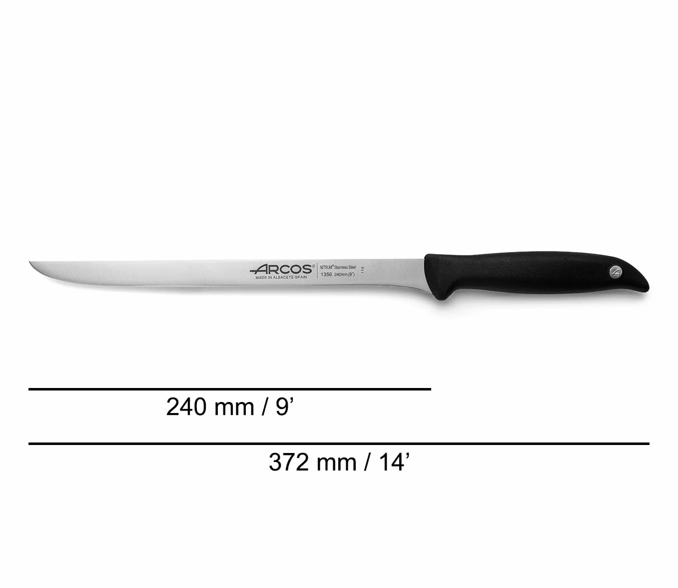 Arcos Couteau à Jambon Acier Inoxydable Nitrum Lame 240 mm Poignée POM Noir Série Menorca