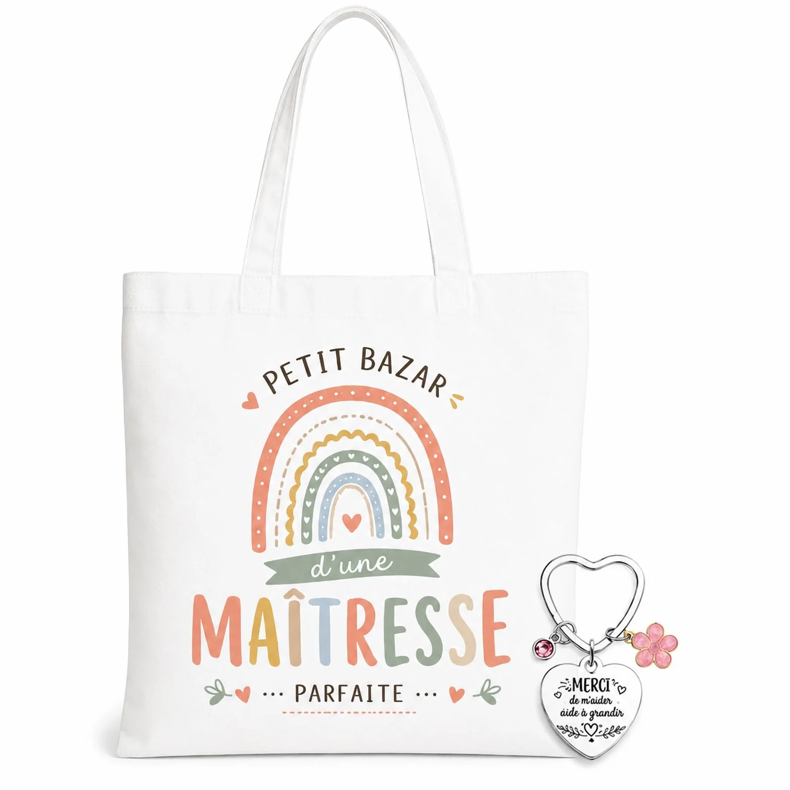 Sac En Toile & Porte-Clés Cœur En Acier Inoxydable Cadeau Maitresse D'École Original