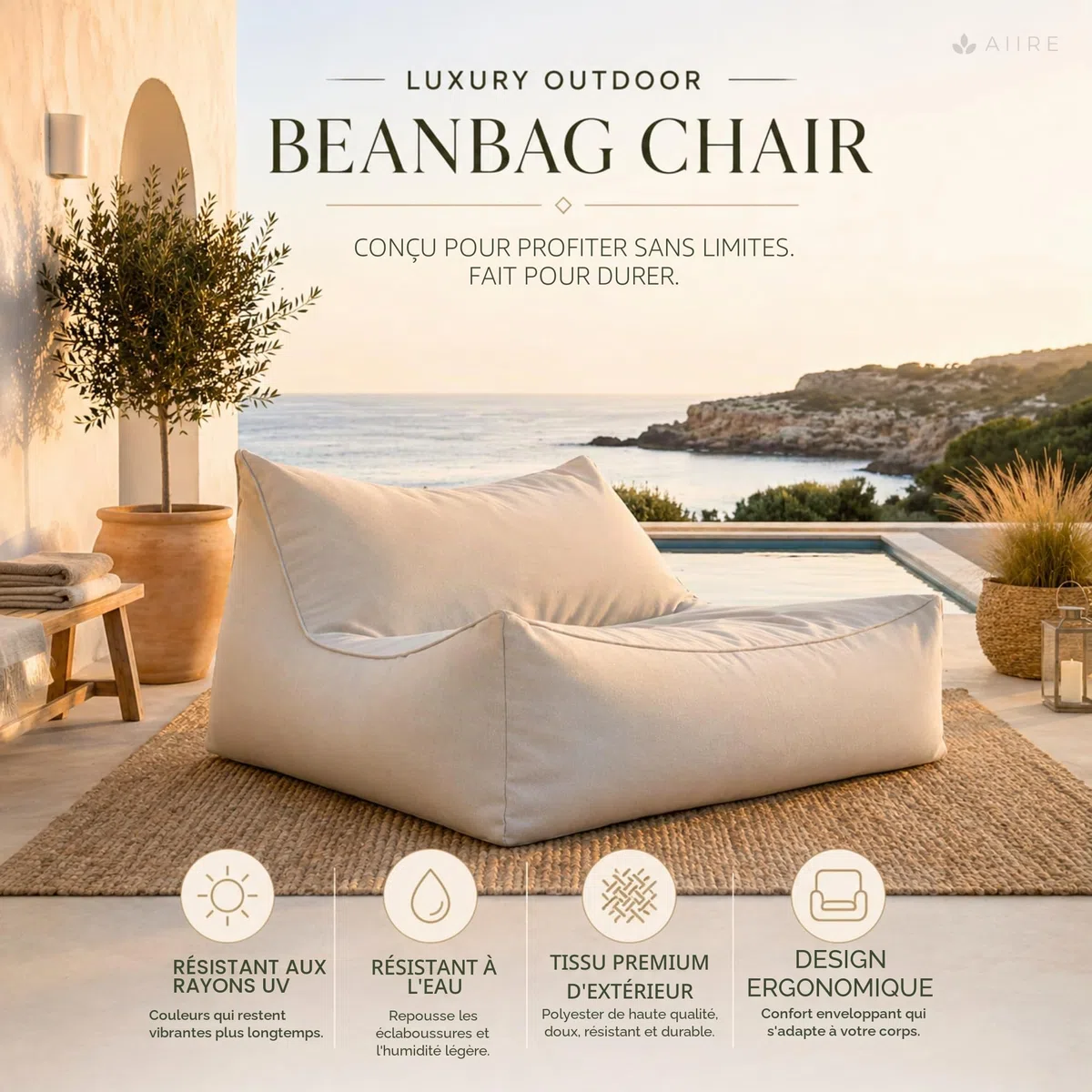 Aiire Pouf Exterieur Géant Moderne - Fauteuil Pouffe Salon XXL avec Remplissage pour Décoration Chambre et Jardin - Bean Bag Chair Adulte ou Ado - Coussin de Sol Beige