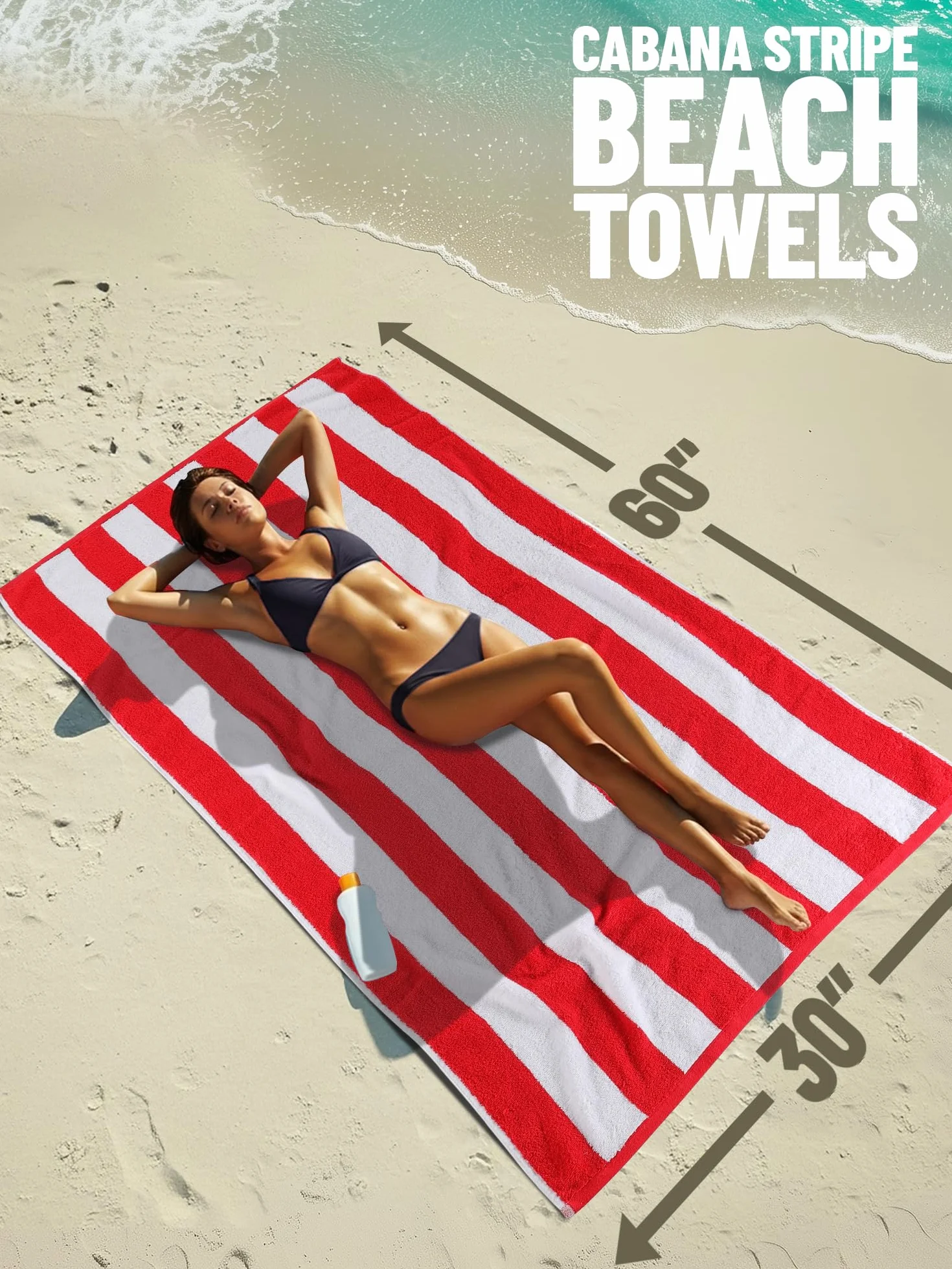 Serviettes de Plage Cabana Stripe 76 x 152 cm 100% Coton Lot de 4 Bleu Gris Rouge Vert