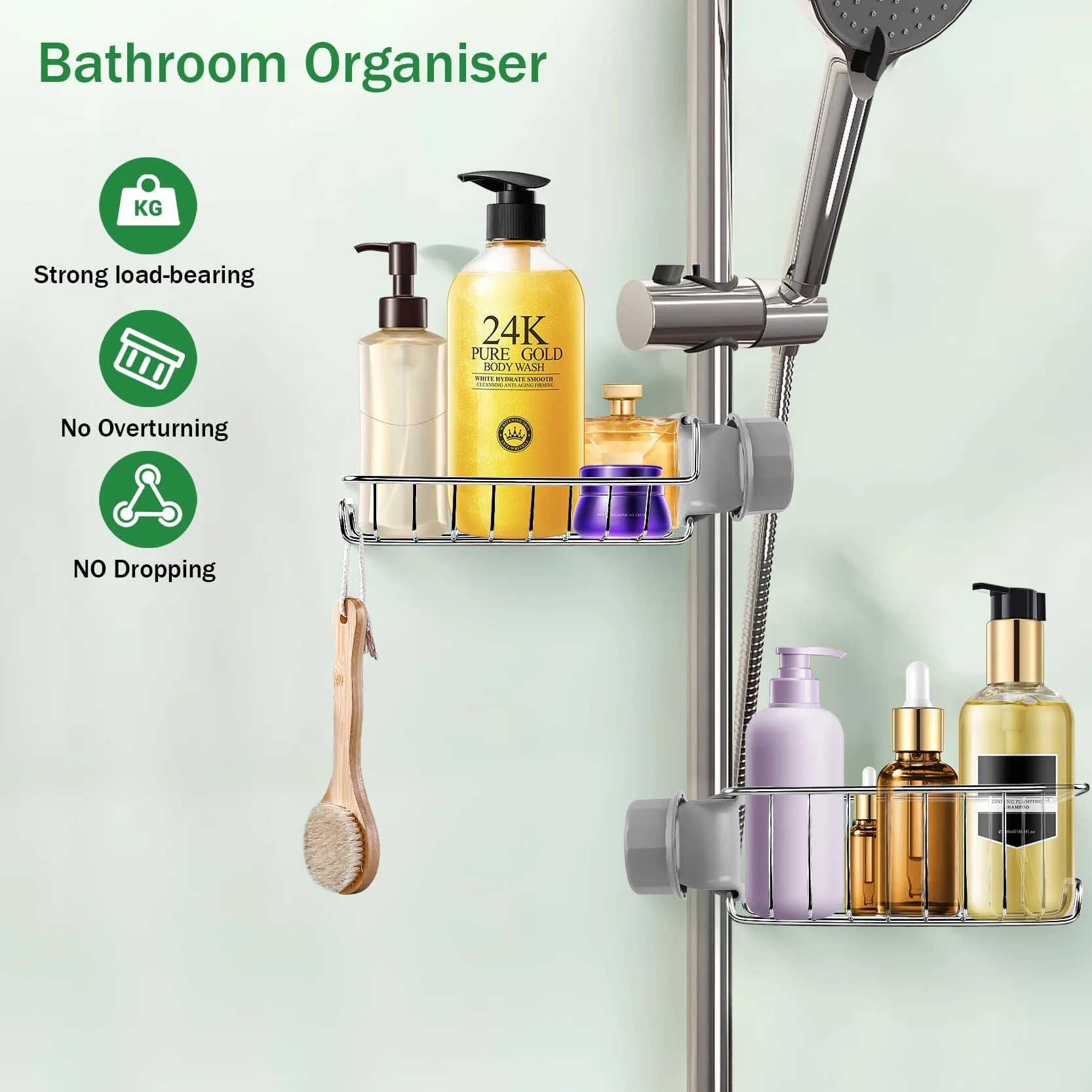 Feebee Étagère Douche sans Percage INOX 2pcs, Support Savon Gel pour Tringle 18-27mm
