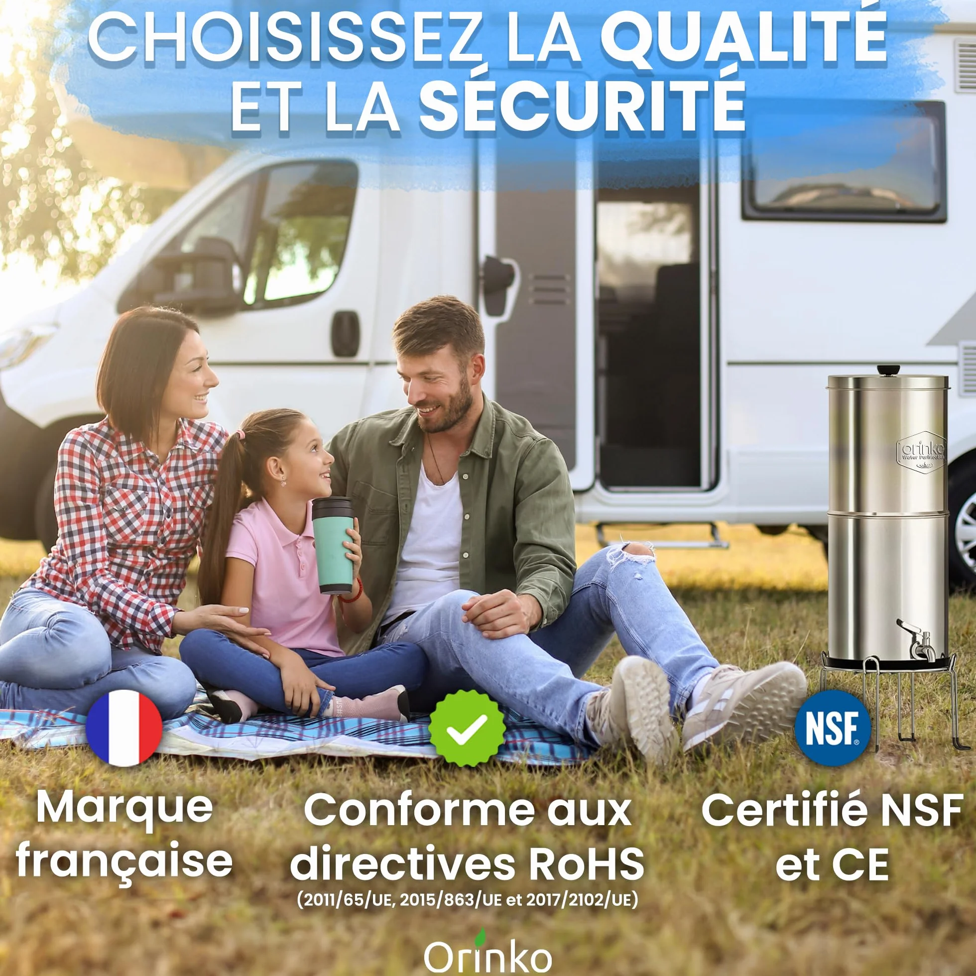 ORINKO Filtre à Eau par Gravité 8,5 L 4 Cartouches Charbon Actif Purificateur d'Eau Fontaine Filtrante