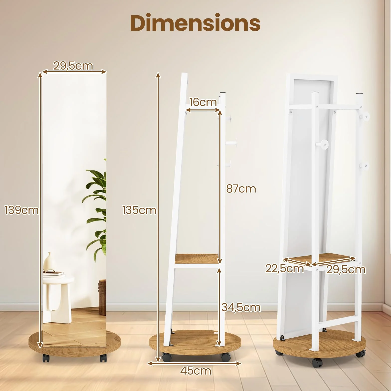 COSTWAY Miroir sur Pied Grand avec Porte-Manteau 4 Roues Pivotantes 360° 3 Crochets Cadre Métal 45 x 135 cm Blanc Naturel