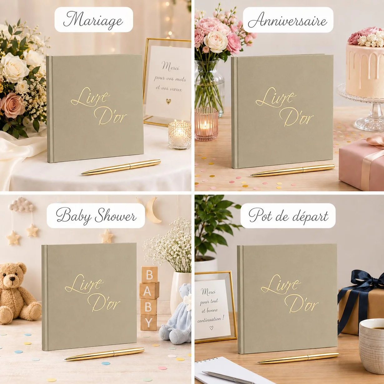 Livre d'Or Lin Beige 21x21 cm 100 Pages Blanches Stylo et Affiche Mariage Anniversaire Baptême