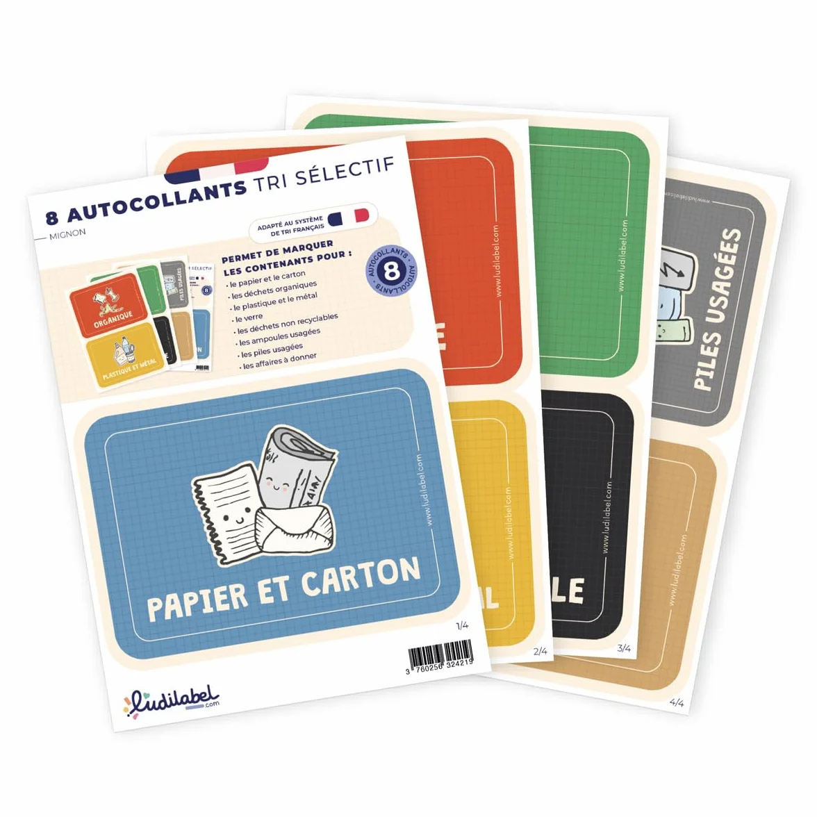 Ludilabel 7 Étiquettes de Tri sélectif pour Poubelles France