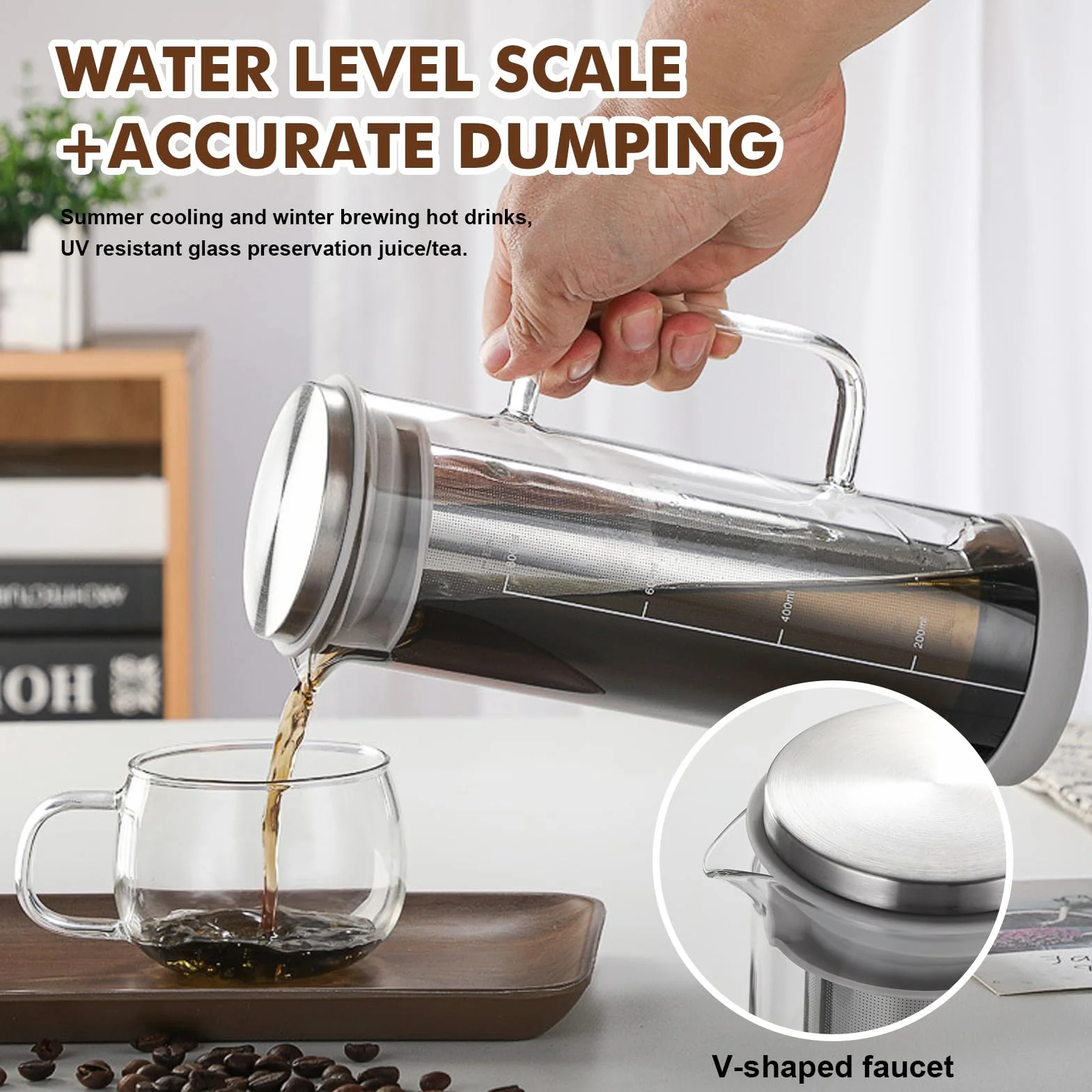 Machine à café Cold Brew 800 ml, carafe en verre, filtre acier inoxydable 304, silicone antidérapant