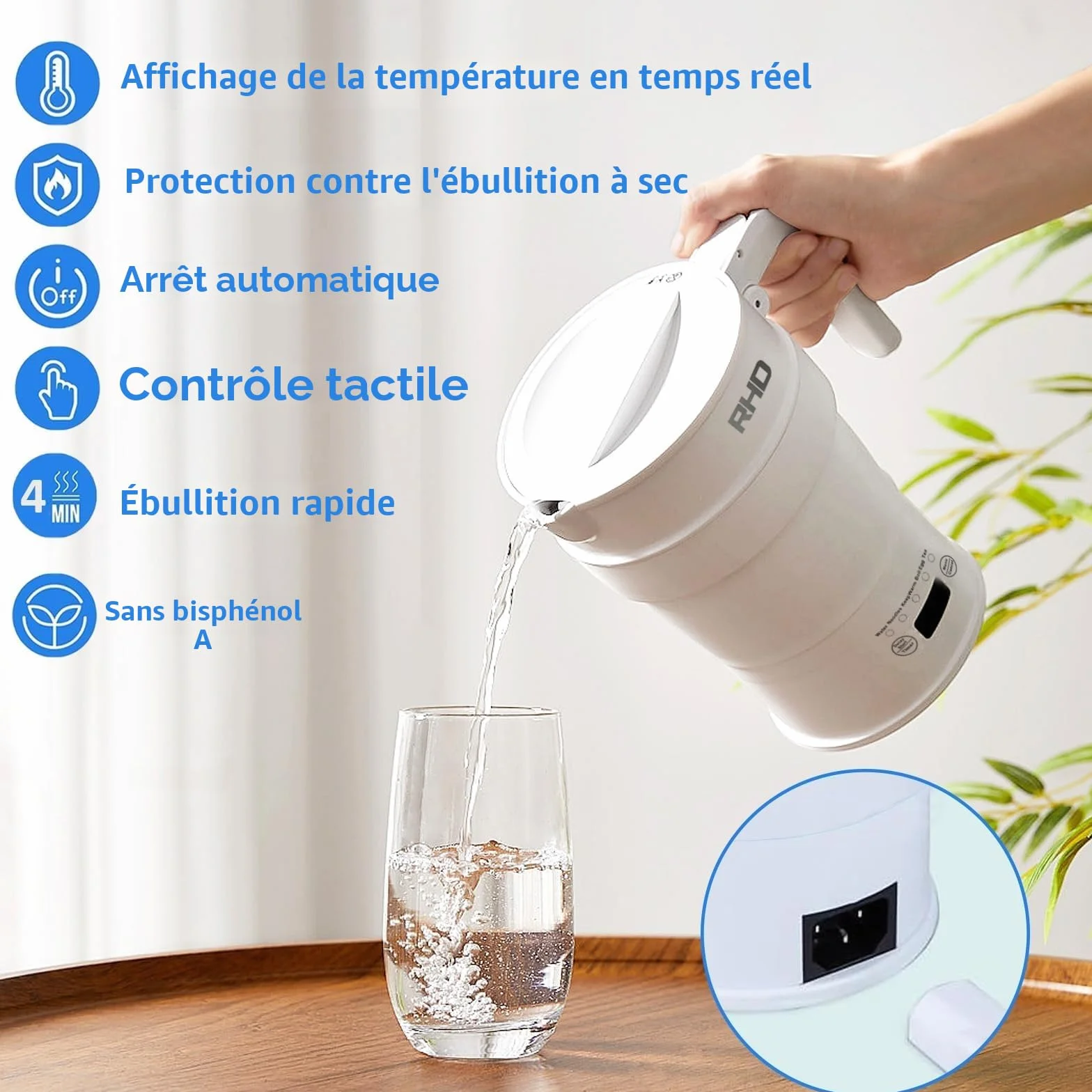 Bouilloire électrique pliable 0,7L acier inoxydable 316 1000W blanc sans BPA