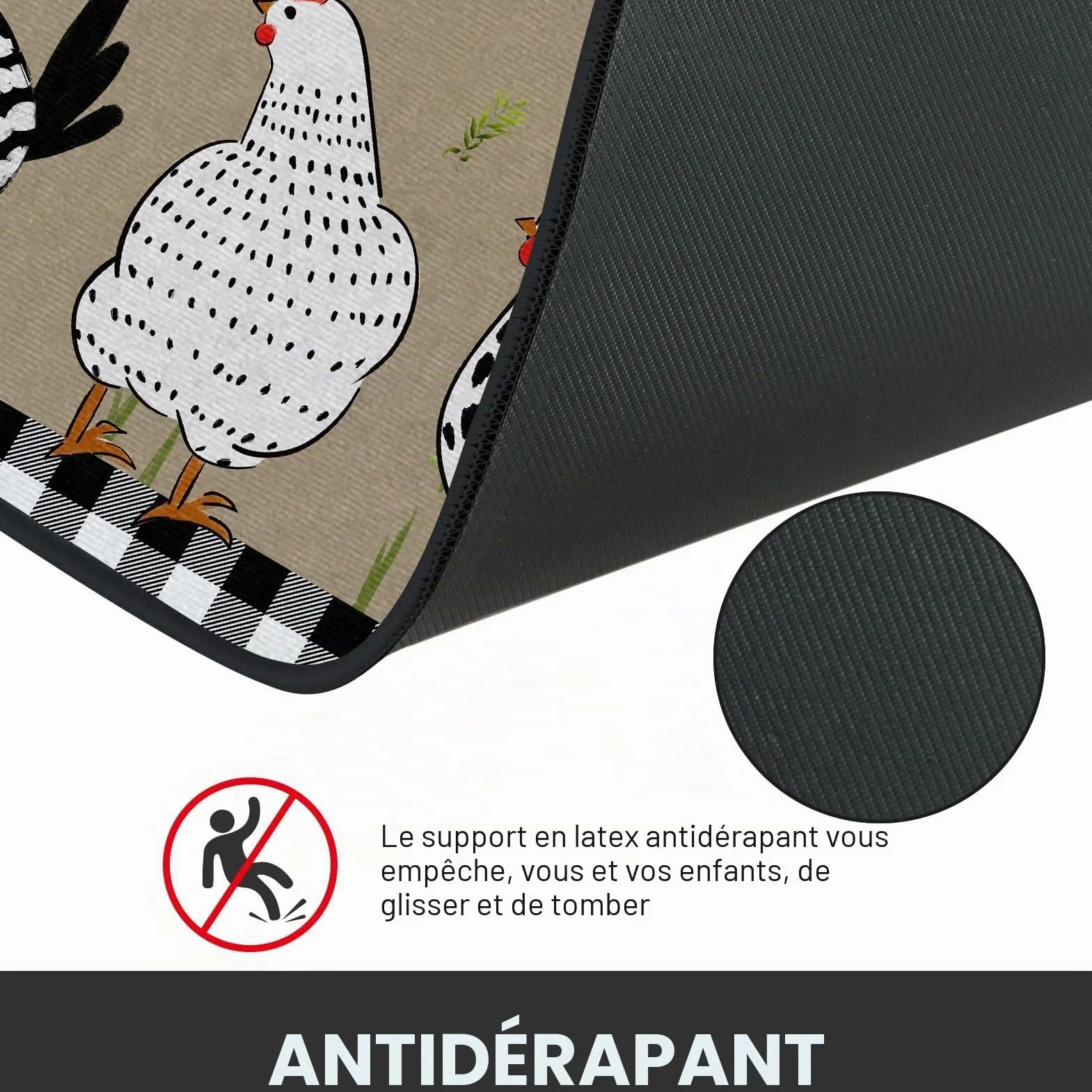 Lot de 2 tapis de cuisine antidérapants lavables motif coq 39,9x59,7 cm et 39,9x119,6 cm noir et blanc