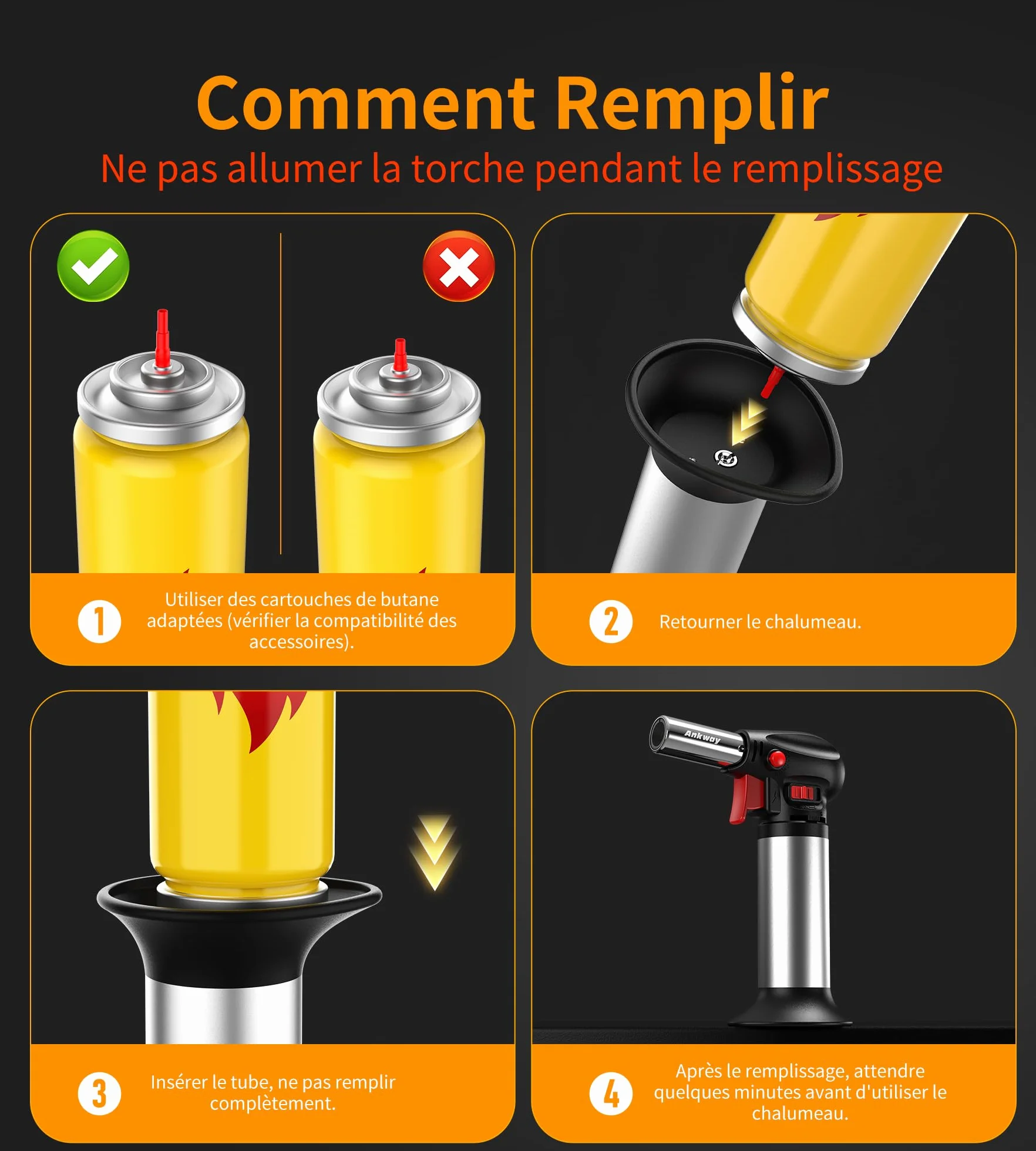 Ankway Chalumeau de Cuisine Rechargeable avec Verrouillage de Sécurité et Flamme Réglable, Argent