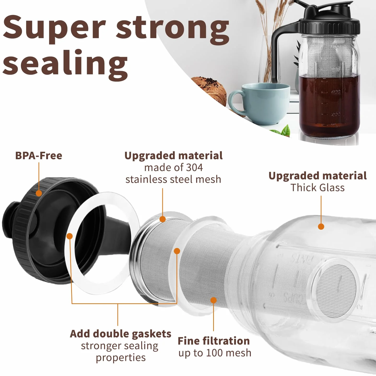 Cafetière à froid 800ML pichet en verre filtre acier inoxydable couvercle hermétique 32OZ
