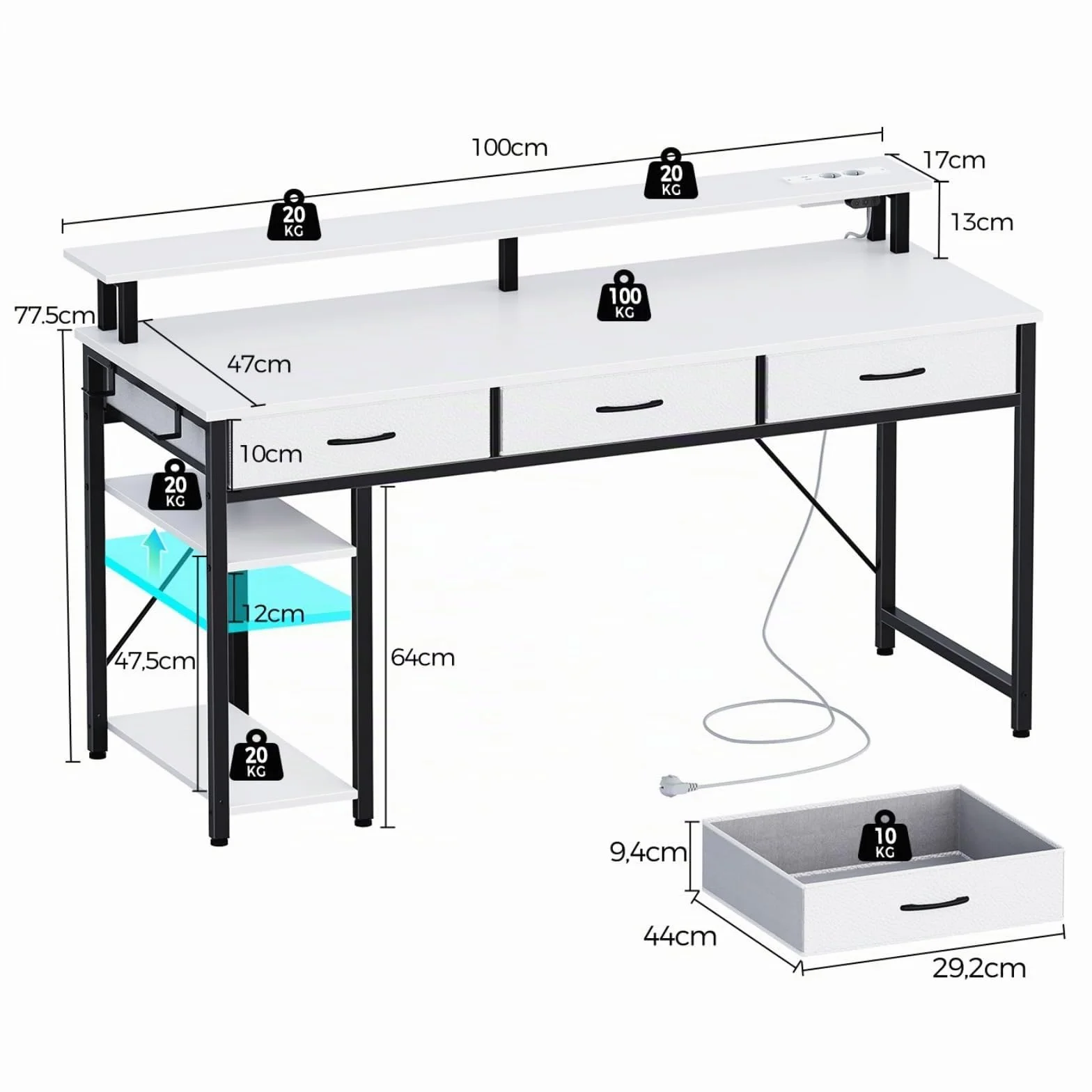 Rolanstar Bureau avec Rangement 100 cm - Table Ado 3 Tiroirs LED RGB Prises de Courant, Blanc