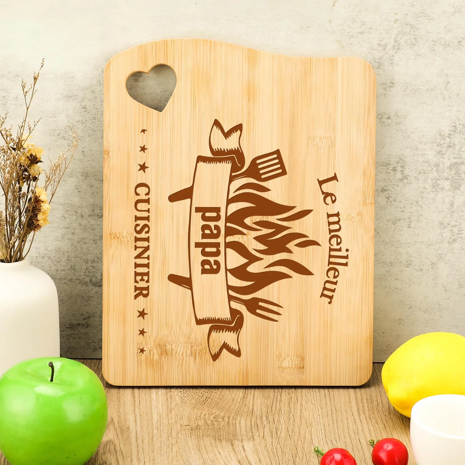 Planche à Découper en Bambou Sculptée Cadeau Papa Fête des Pères