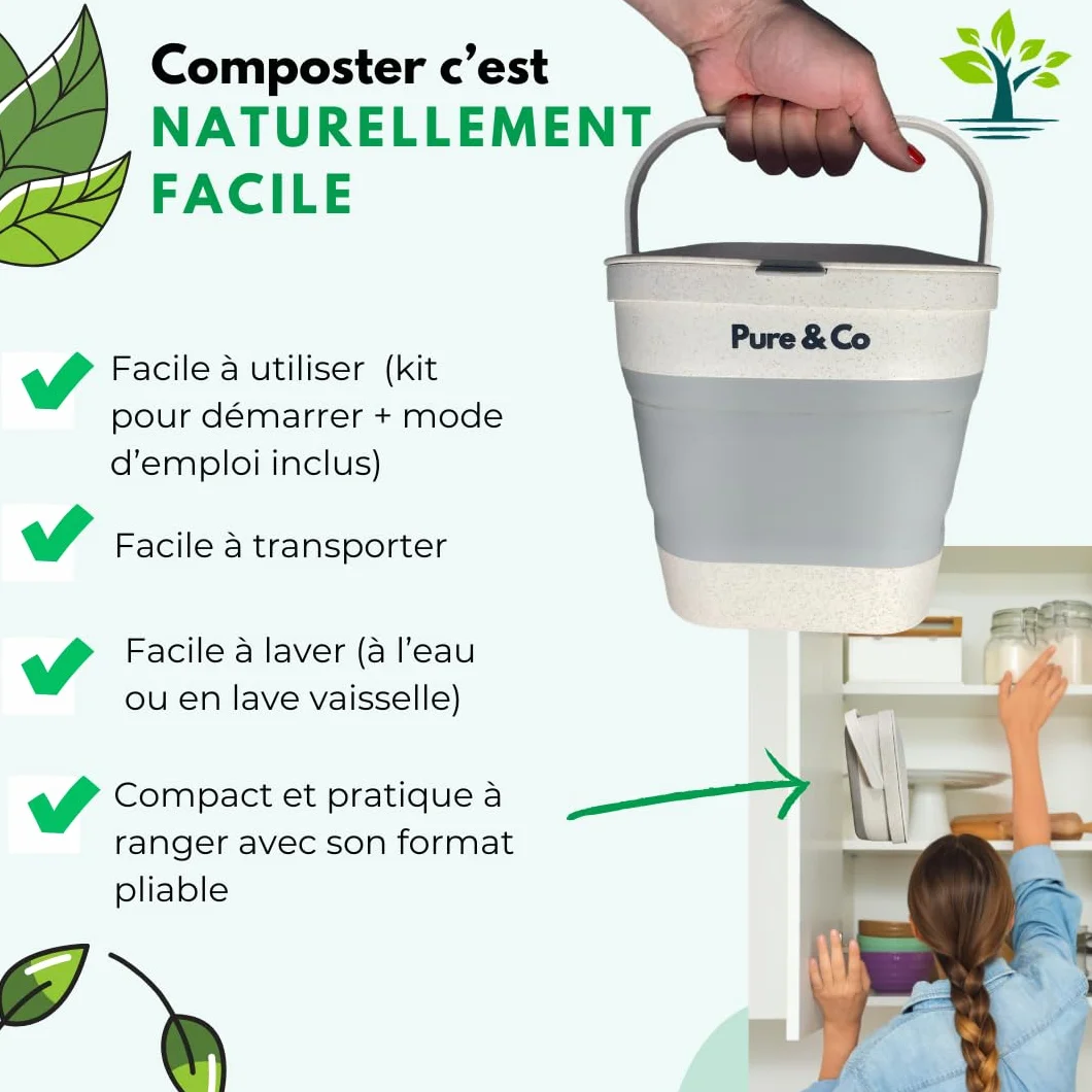 Pure&Co Composteur Cuisine Pliable 4L Poubelle Compost Anti Odeur Bioseau