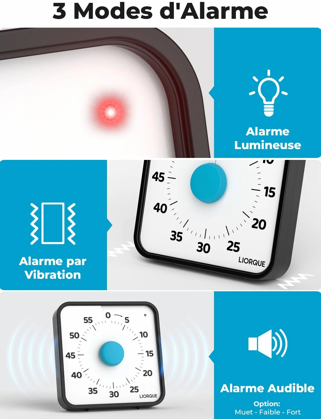 LIORQUE 19cm Grand Minuteur Visuel Timer Classe Aimanté Silencieux 3 Modes Alarme Sonnerie Lumière Vibration