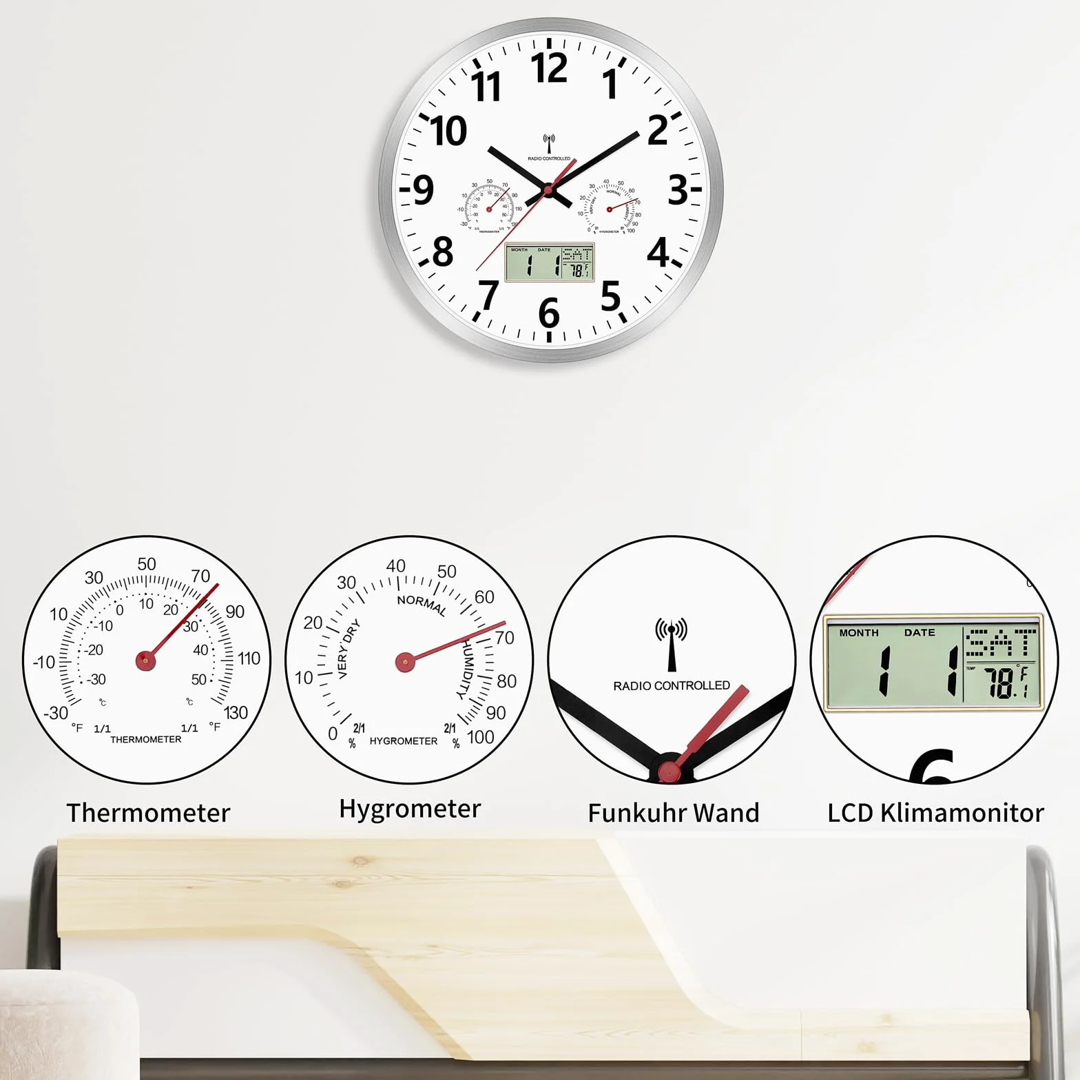 Foxtop Horloge Murale Radio-Pilotée 30 cm avec Hygromètre Thermomètre Écran LCD