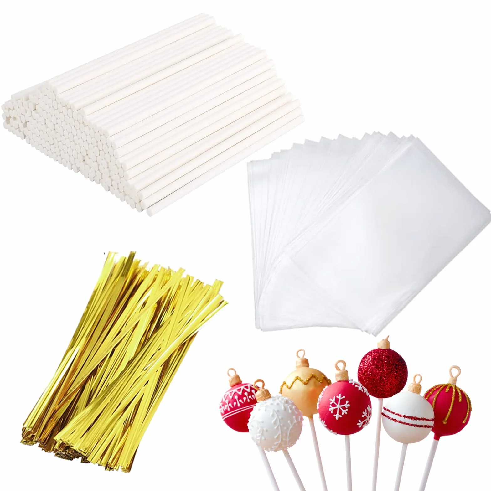 Set de Bâtonnets à Cake Pop 300 Pièces - 10cm Bâton Sucette, Sacs à Colis, Liens Torsadés