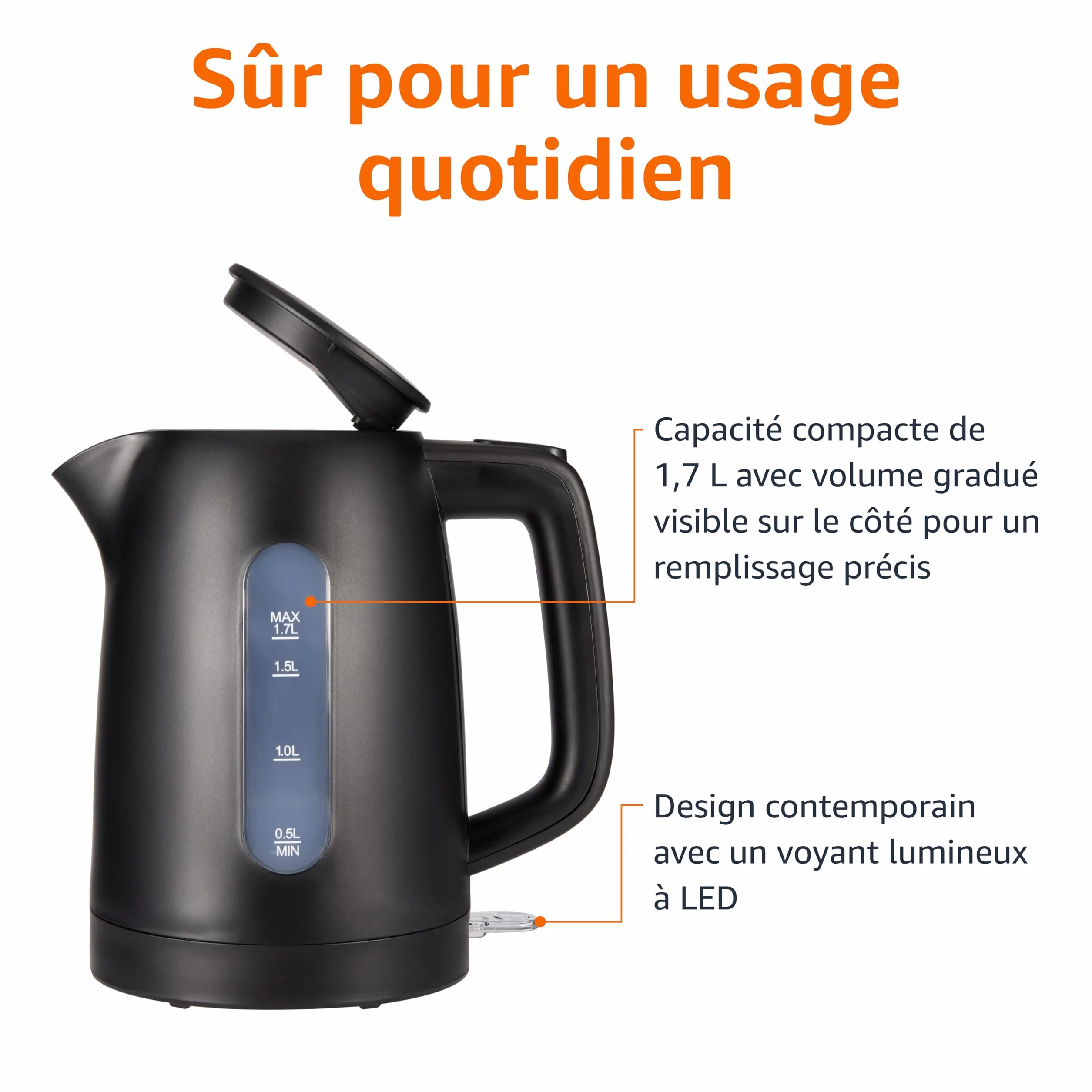 Amazon Basics Bouilloire Électrique 1,7L 2200W Sans BPA Base 360° Noir Mat